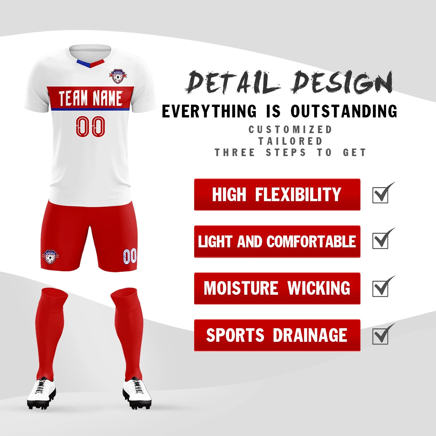 Custom White Red Casual Printing Sportswear Soccer Sets Jersey