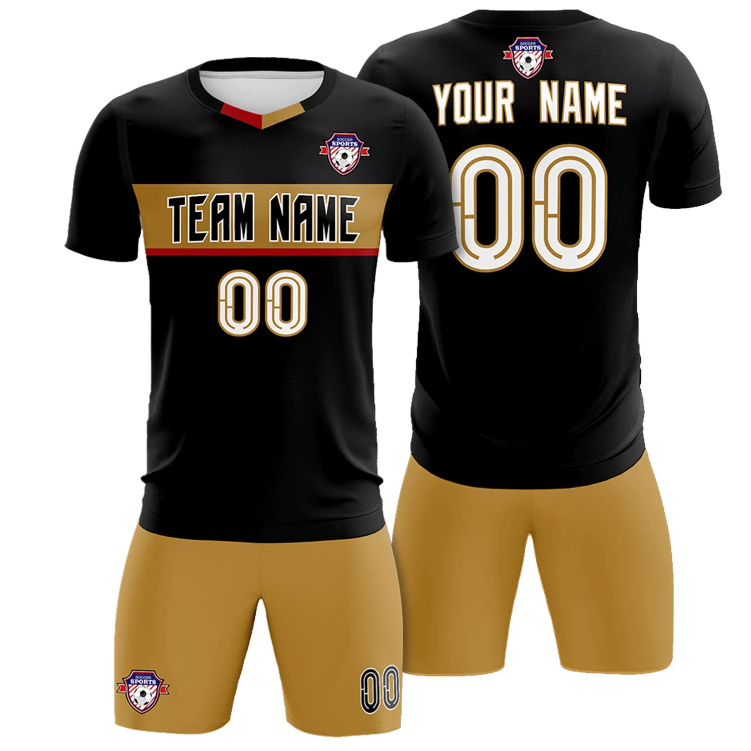 Custom Black Old Gold Casual Printing Sportswear Soccer Sets Jersey