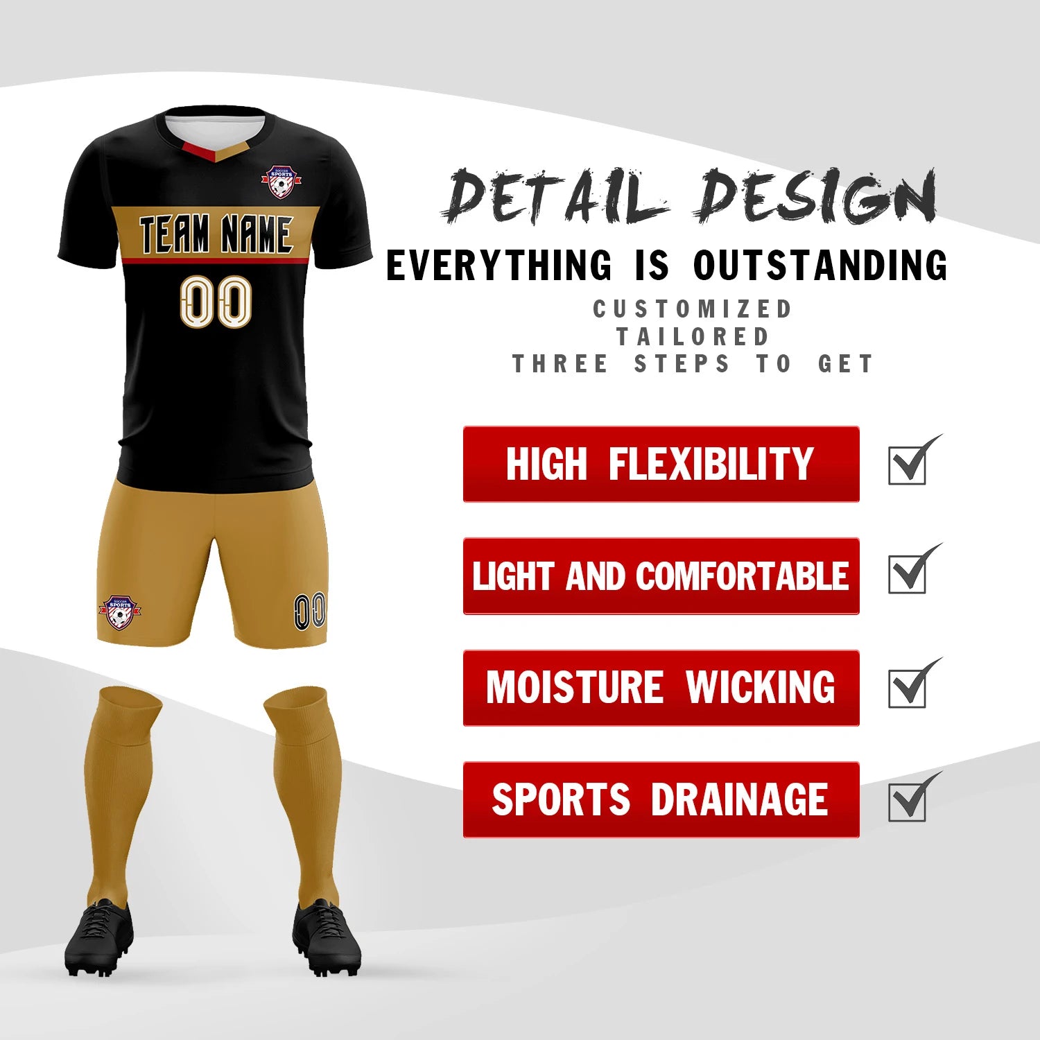 Custom Black Old Gold Casual Printing Sportswear Soccer Sets Jersey