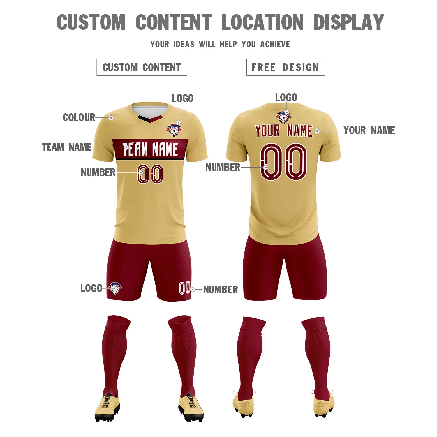 Custom Khaki Crimson Casual Printing Sportswear Soccer Sets Jersey