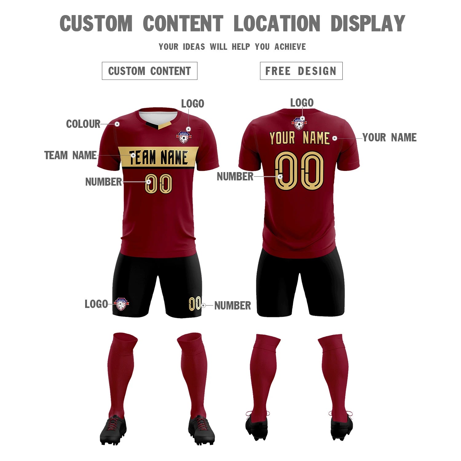 Custom Crimson Khaki Casual Printing Sportswear Soccer Sets Jersey