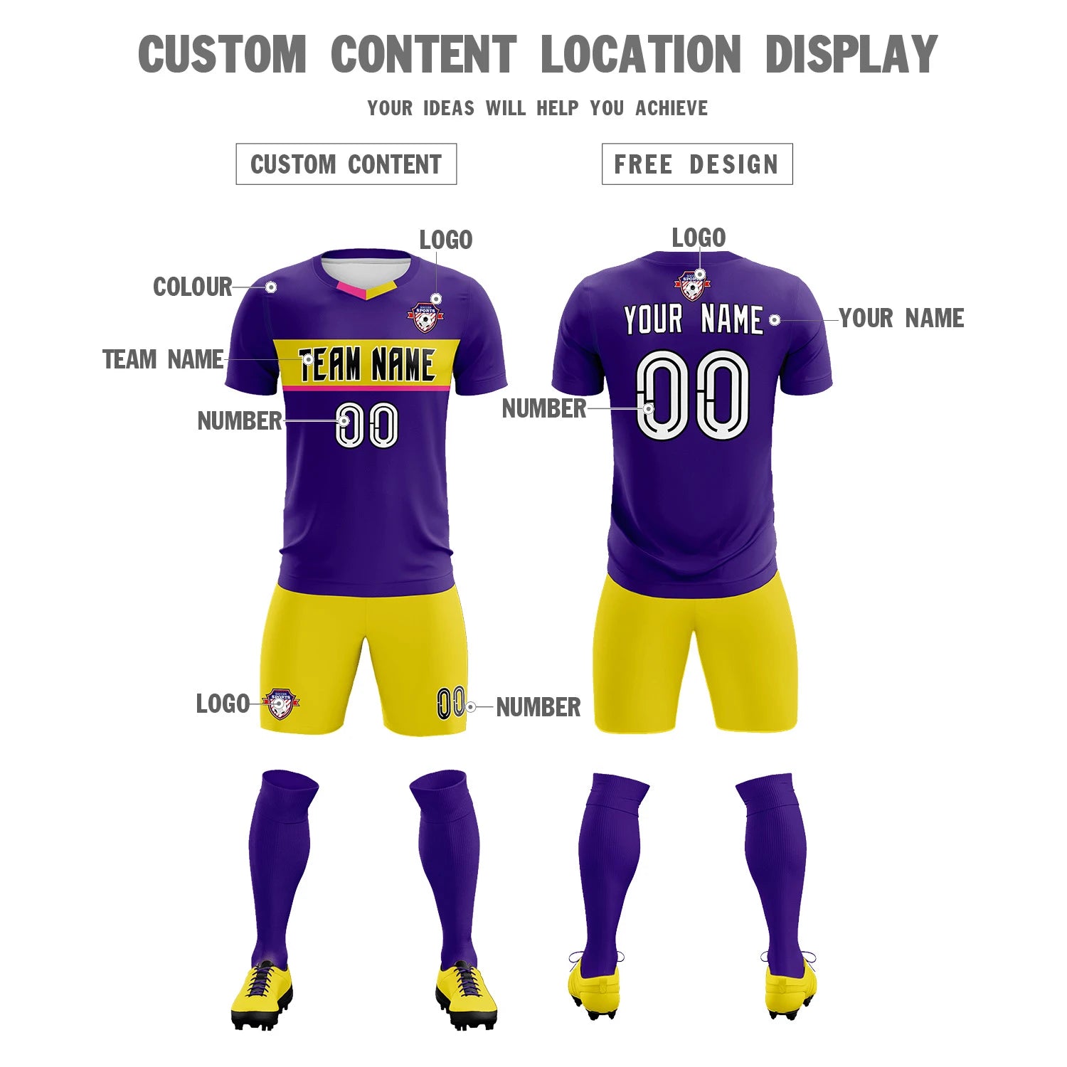Custom Purple Gold01 Casual Printing Sportswear Soccer Sets Jersey