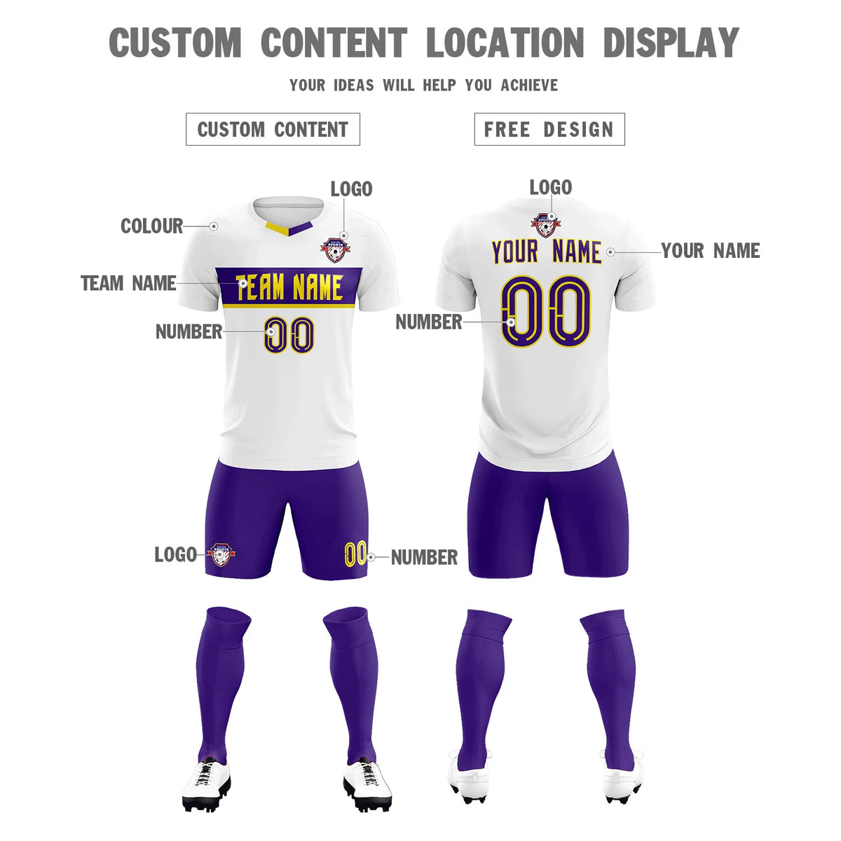 Custom White Purple Casual Printing Sportswear Soccer Sets Jersey