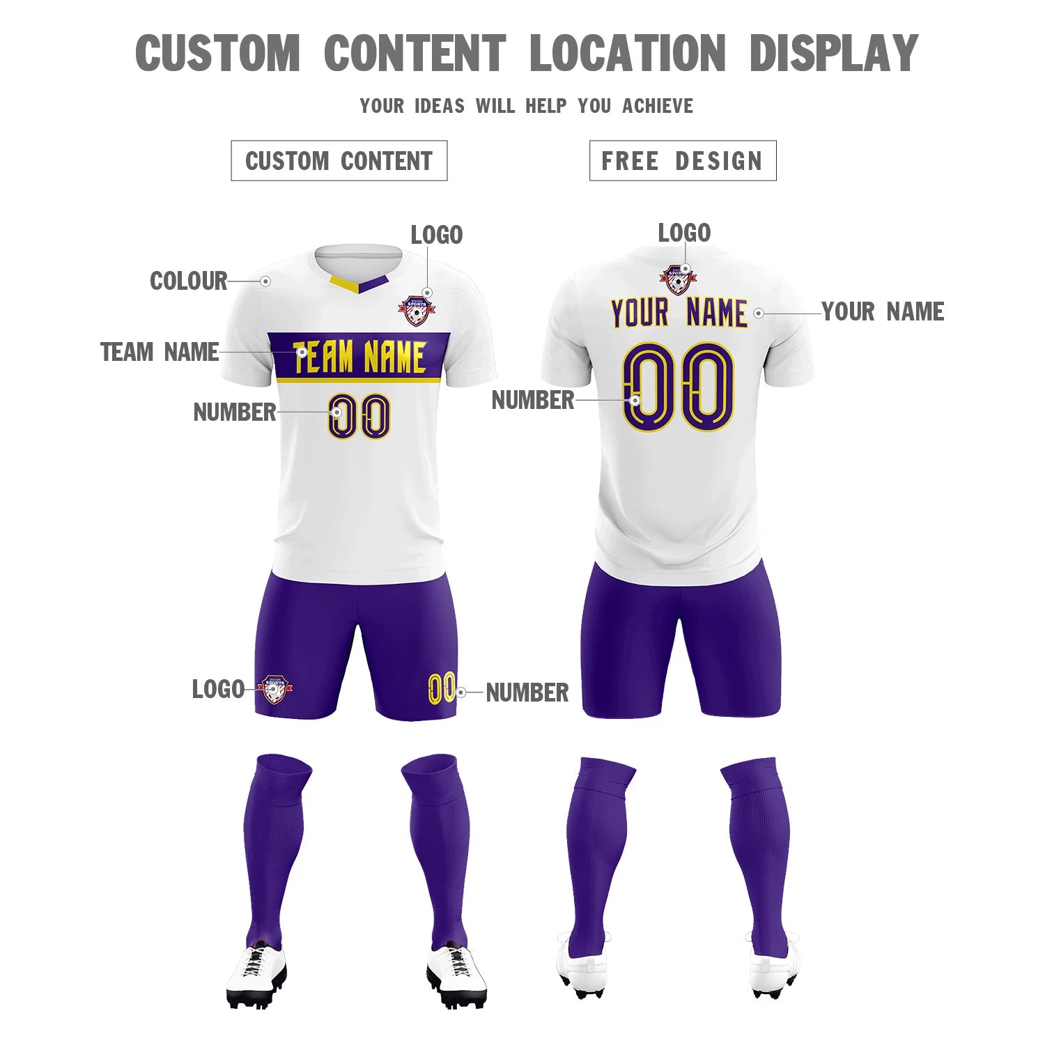 Custom White Purple Casual Printing Sportswear Soccer Sets Jersey