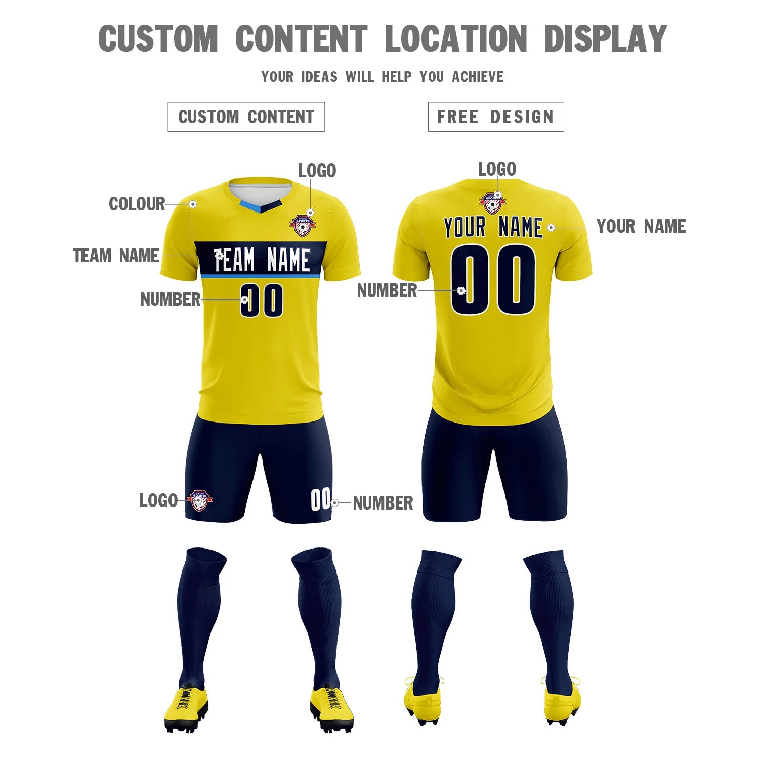 Custom Gold01 Navy Casual Printing Sportswear Soccer Sets Jersey