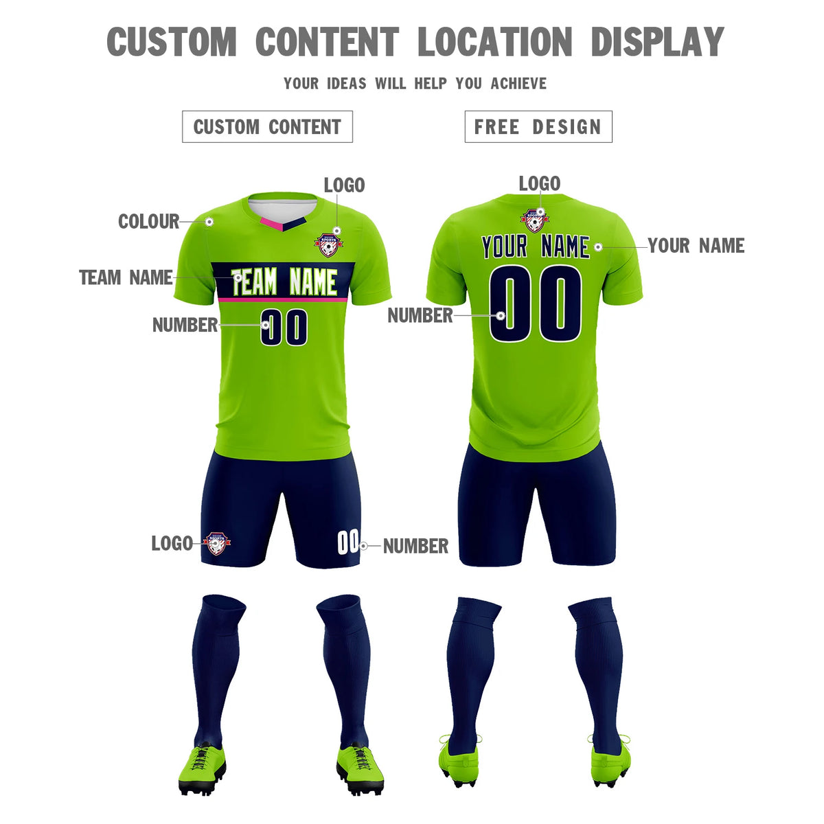 Custom Neon Green Pink Casual Printing Sportswear Soccer Sets Jersey