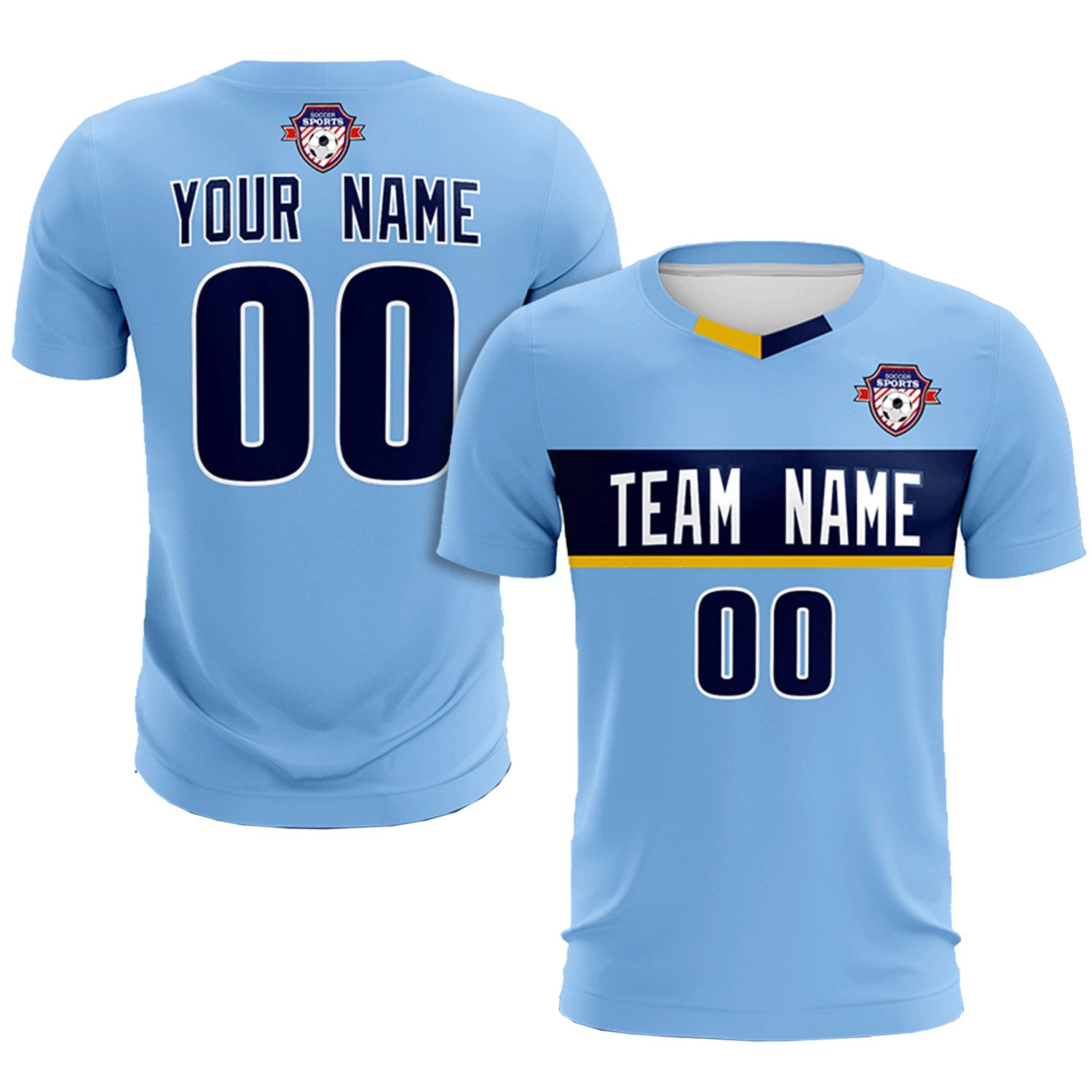 Custom Light Blue Gold01 Casual Printing Sportswear Soccer Sets Jersey