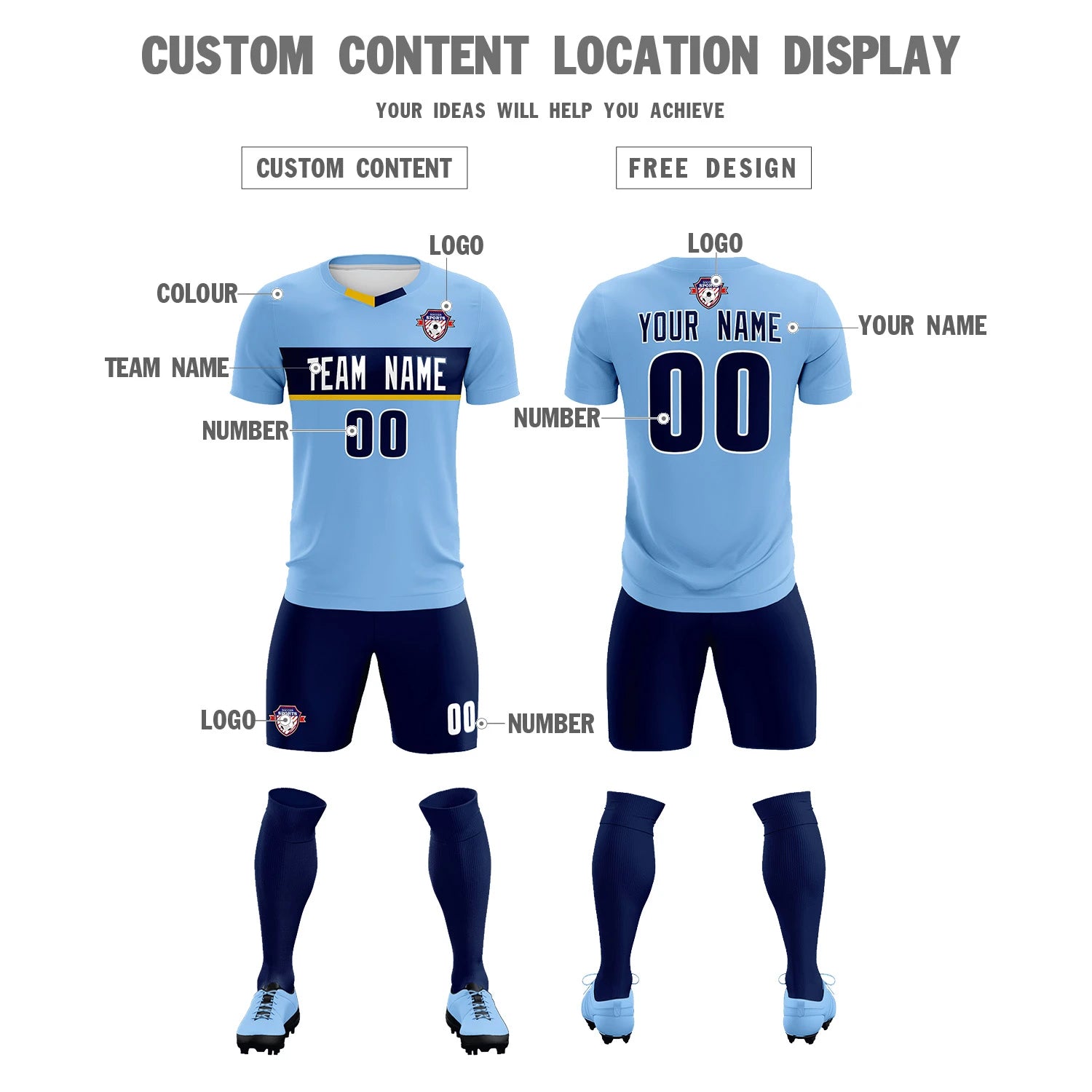 Custom Light Blue Gold01 Casual Printing Sportswear Soccer Sets Jersey