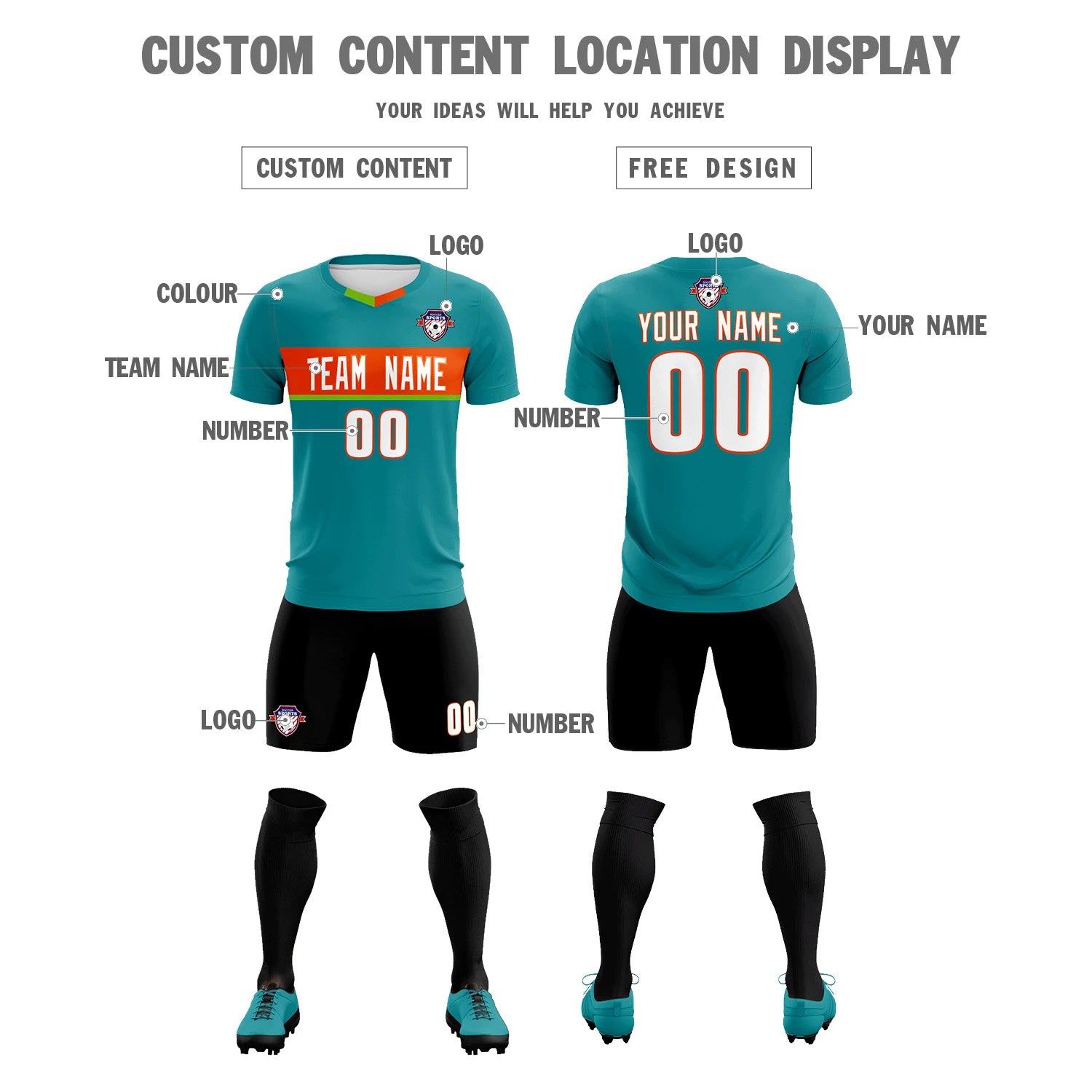 Custom Aqua Orange Casual Printing Sportswear Soccer Sets Jersey