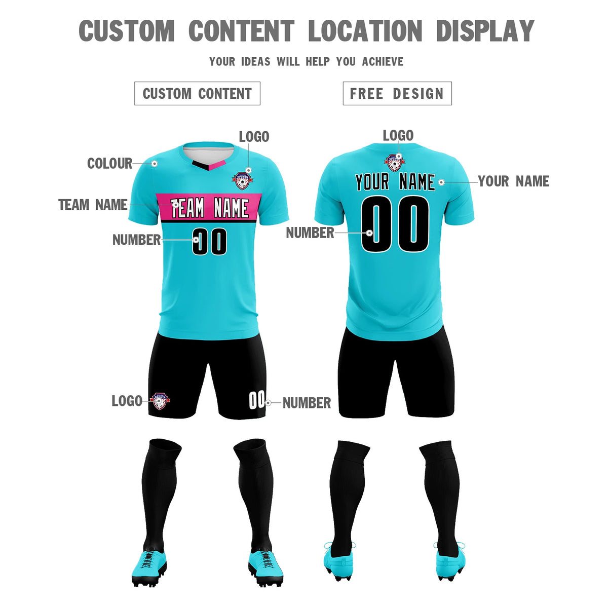 Custom Sky Blue Pink Casual Printing Sportswear Soccer Sets Jersey