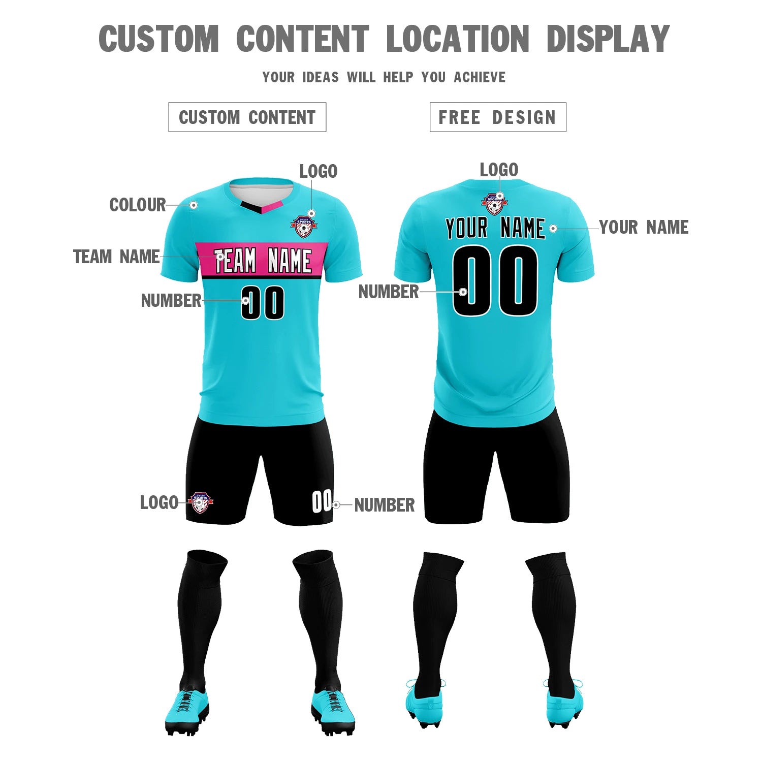 Custom Sky Blue Pink Casual Printing Sportswear Soccer Sets Jersey