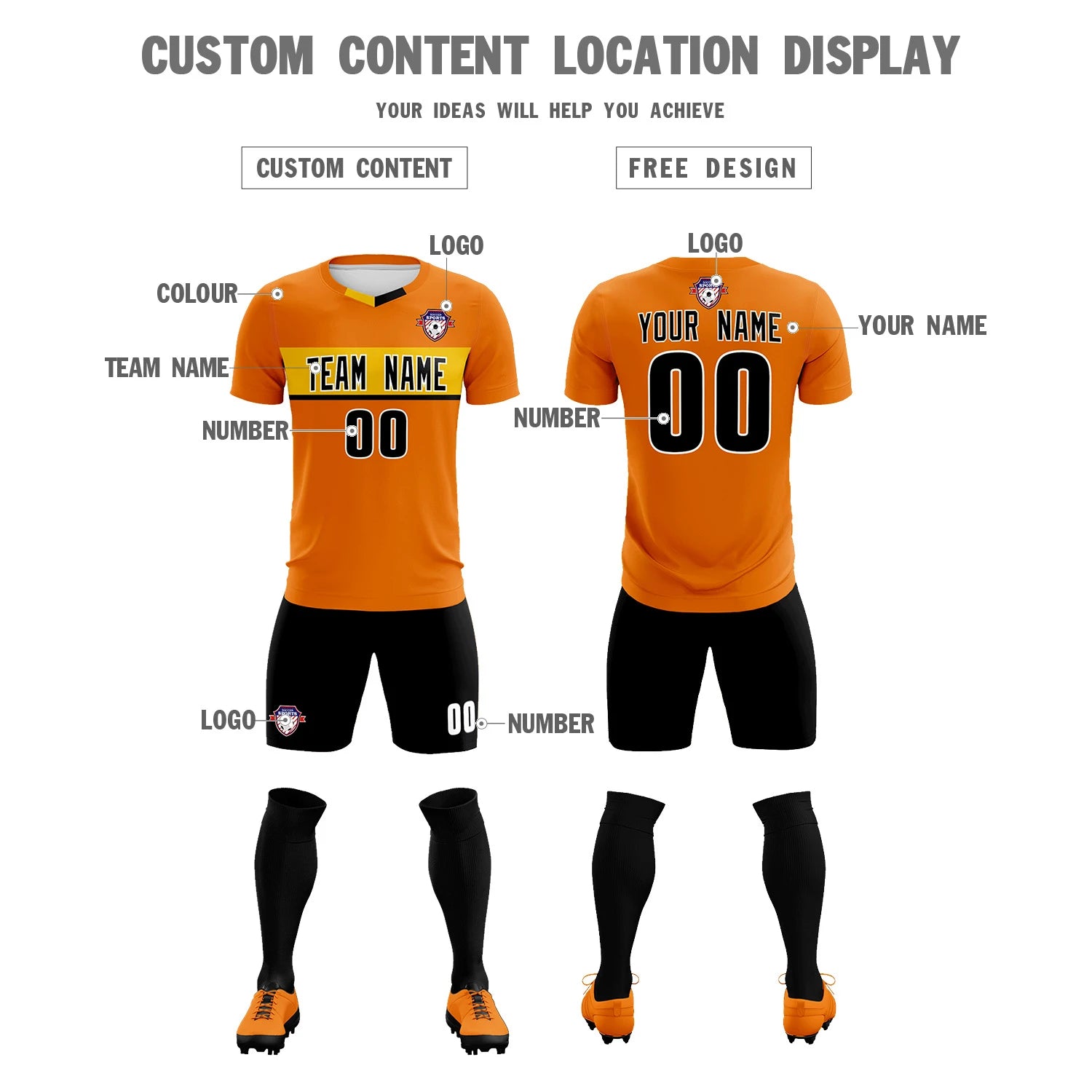 Custom Orange Gold01 Casual Printing Sportswear Soccer Sets Jersey