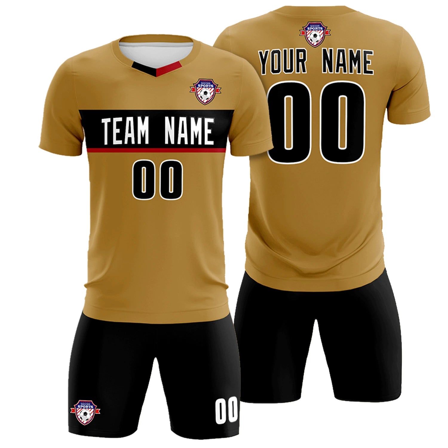 Custom Old Gold Black Casual Printing Sportswear Soccer Sets Jersey