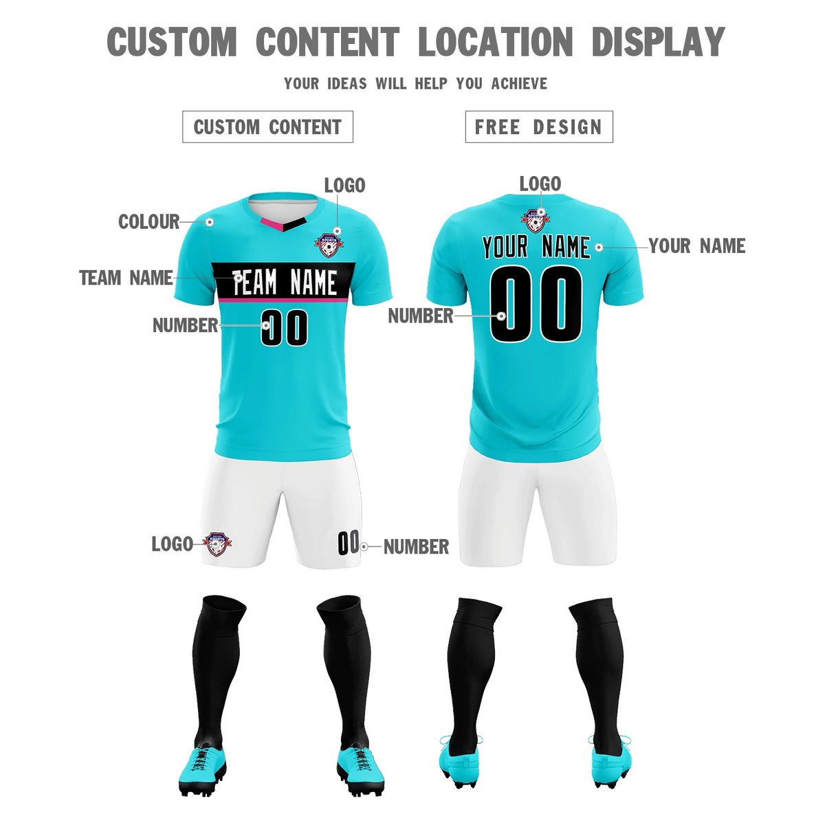 Custom Sky Blue Black Casual Printing Sportswear Soccer Sets Jersey