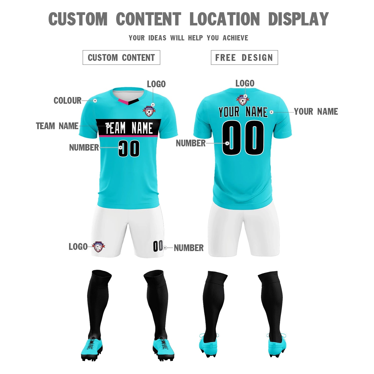 Custom Sky Blue Black Casual Printing Sportswear Soccer Sets Jersey