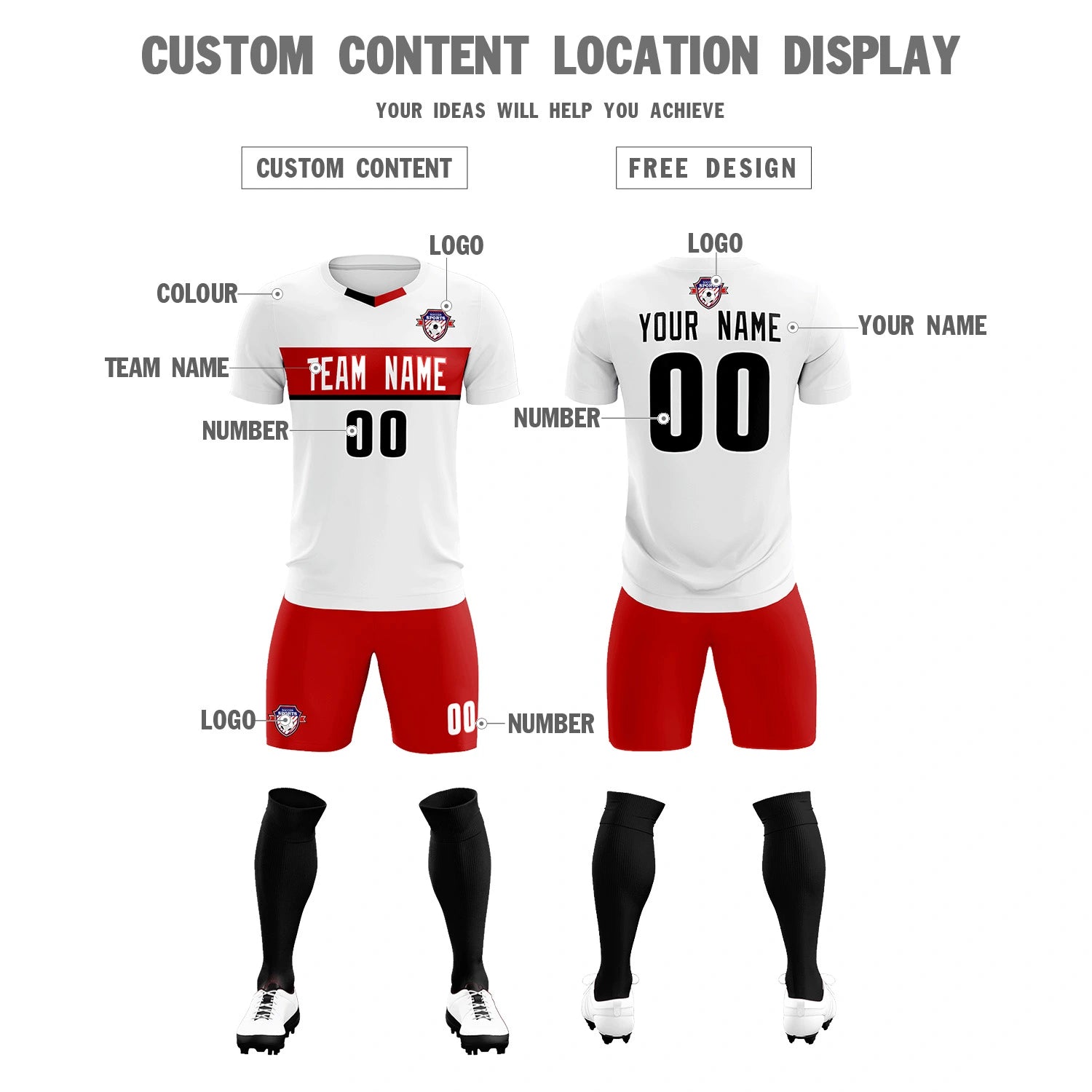 Custom White Red Casual Printing Sportswear Soccer Sets Jersey