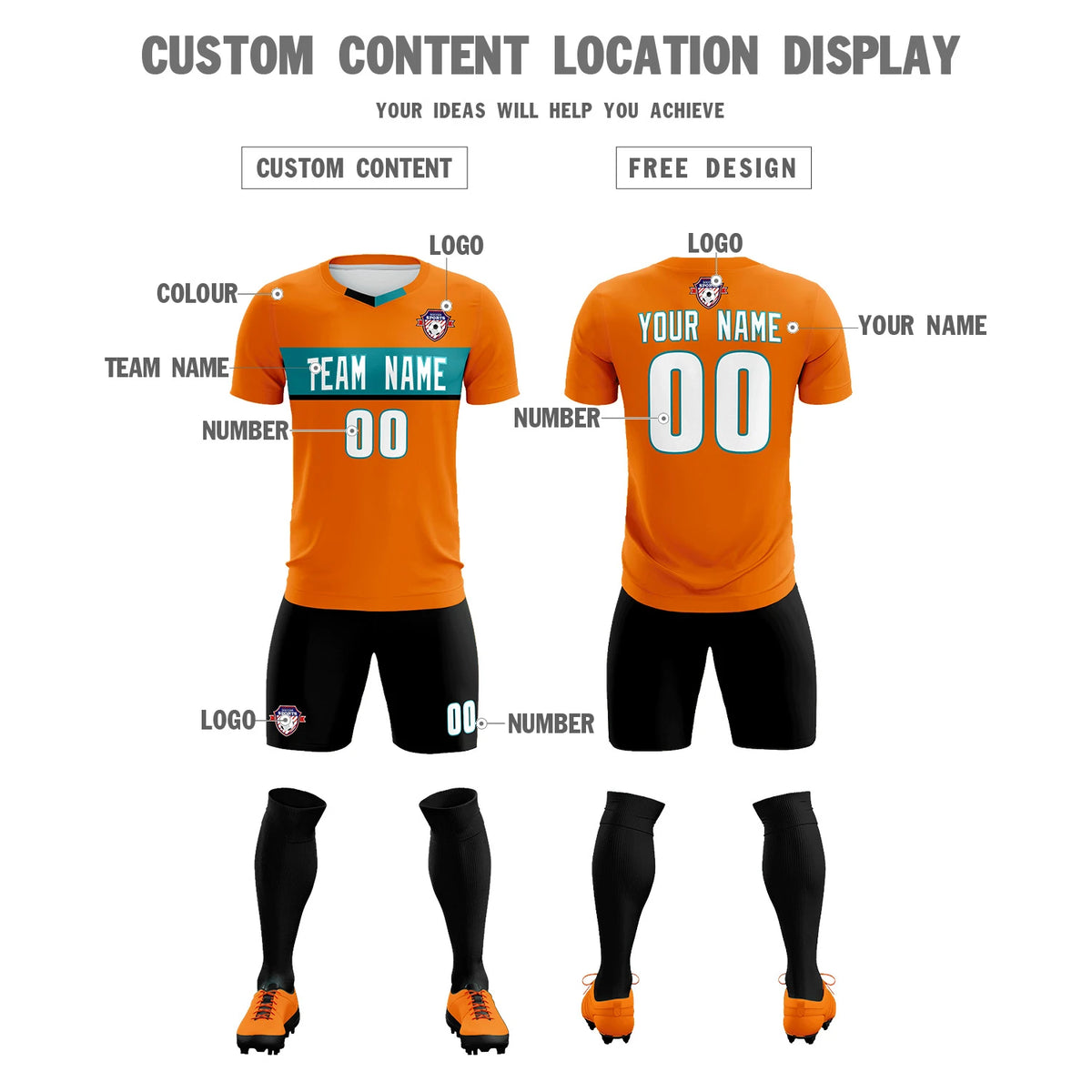 Custom Orange Aqua Casual Printing Sportswear Soccer Sets Jersey