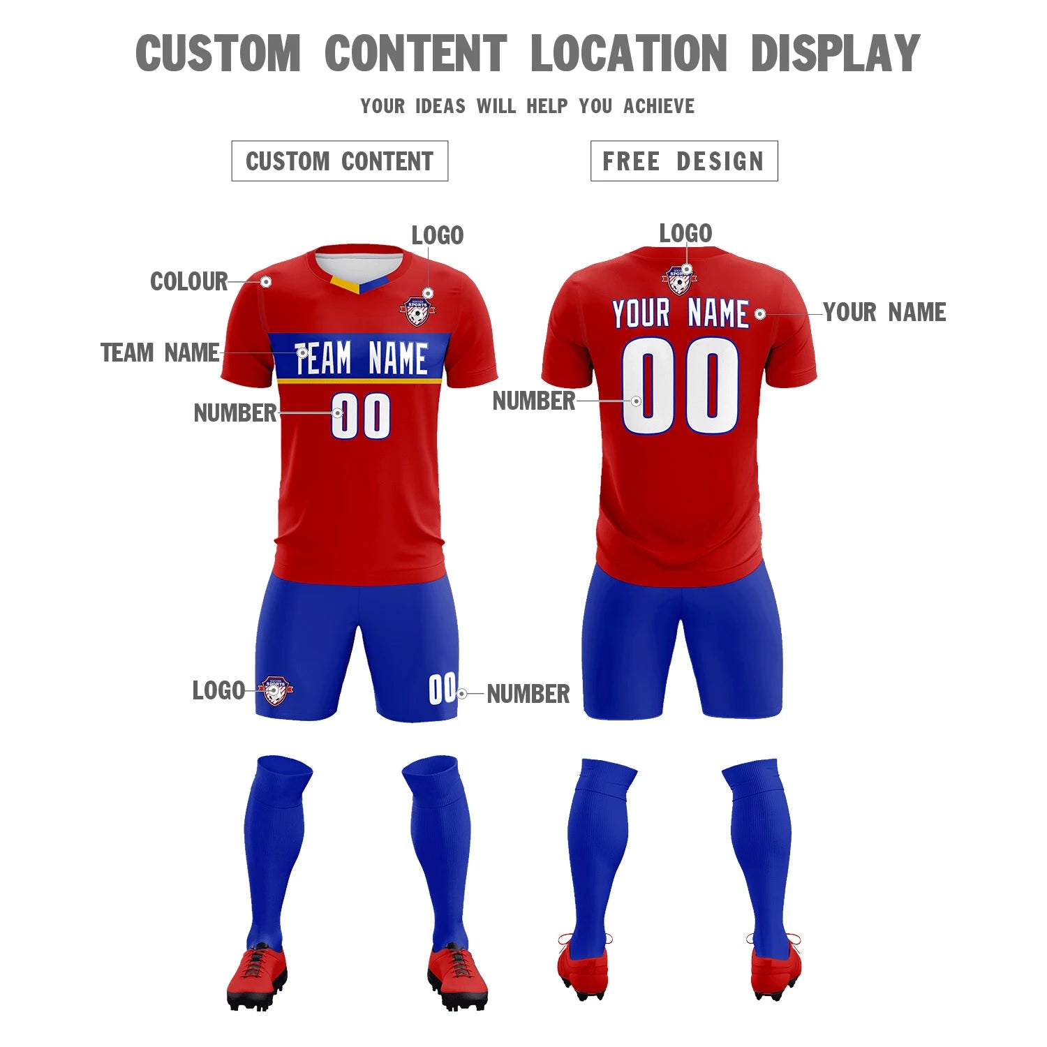 Custom Red Royal Blue Casual Printing Sportswear Soccer Sets Jersey