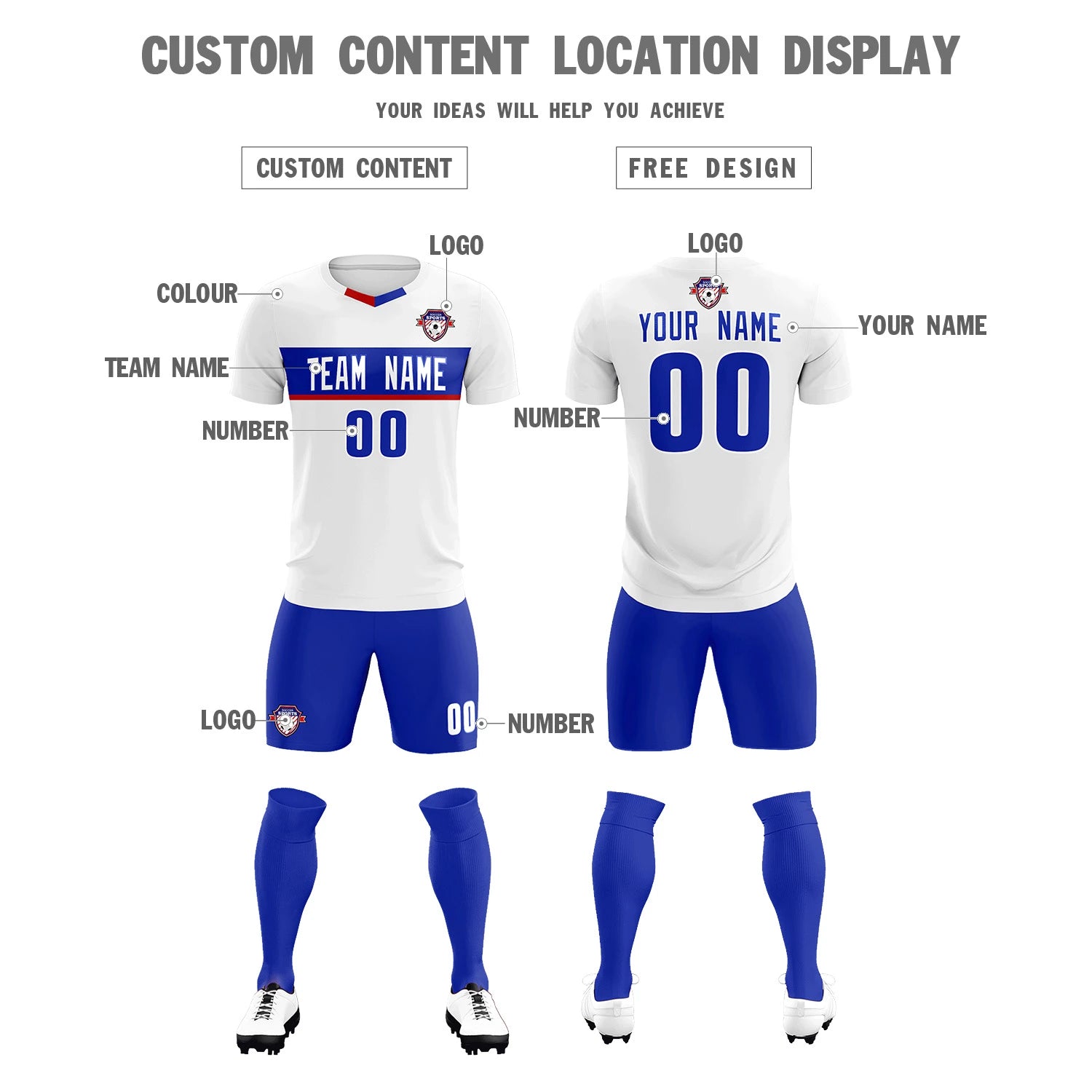 Custom White Royal Blue Casual Printing Sportswear Soccer Sets Jersey