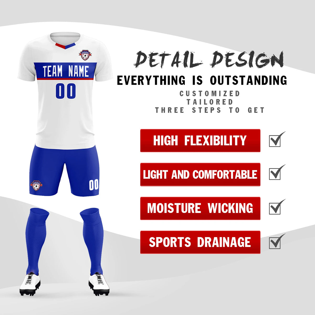 Custom White Royal Blue Casual Printing Sportswear Soccer Sets Jersey
