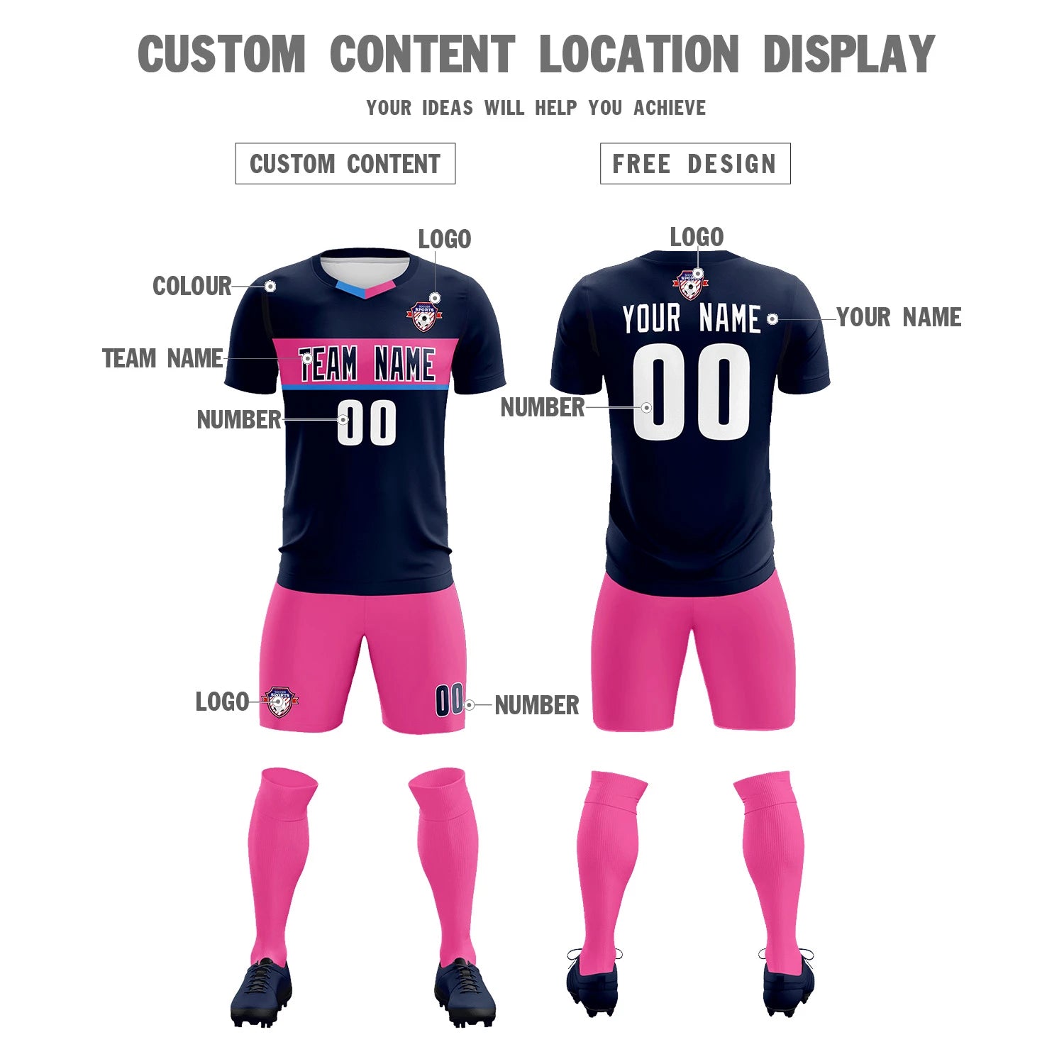 Custom Navy Powder Blue Casual Printing Sportswear Soccer Sets Jersey