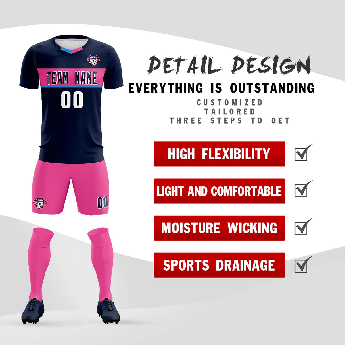 Custom Navy Powder Blue Casual Printing Sportswear Soccer Sets Jersey
