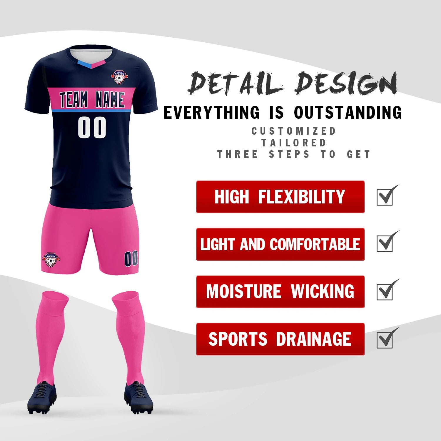 Custom Navy Powder Blue Casual Printing Sportswear Soccer Sets Jersey