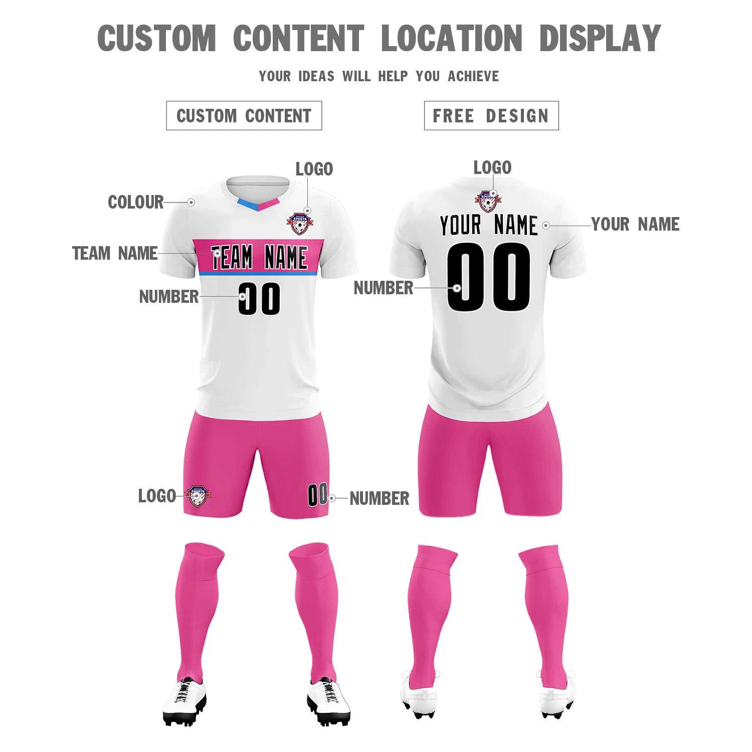 Custom White Pink Casual Printing Sportswear Soccer Sets Jersey