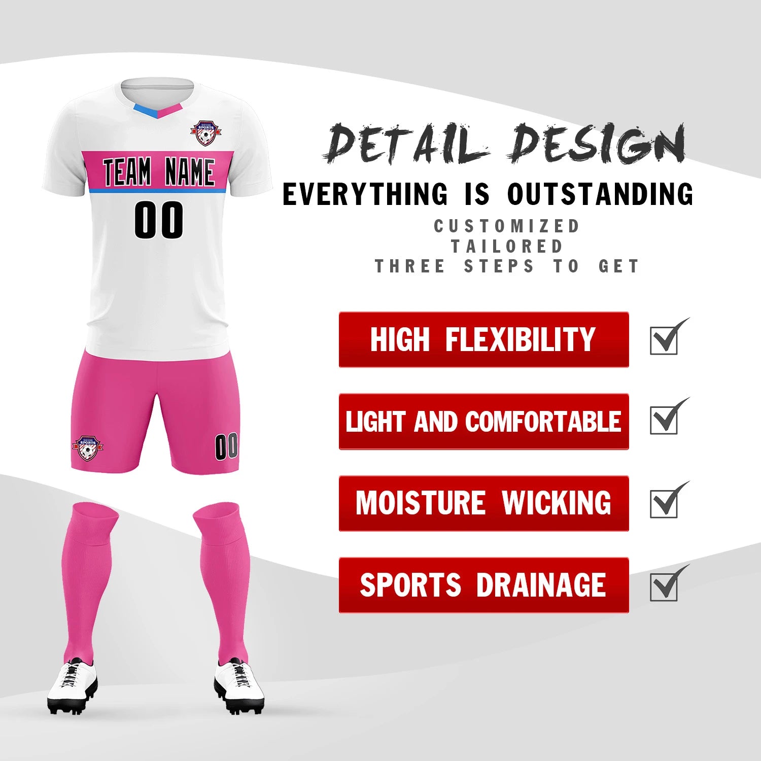 Custom White Pink Casual Printing Sportswear Soccer Sets Jersey