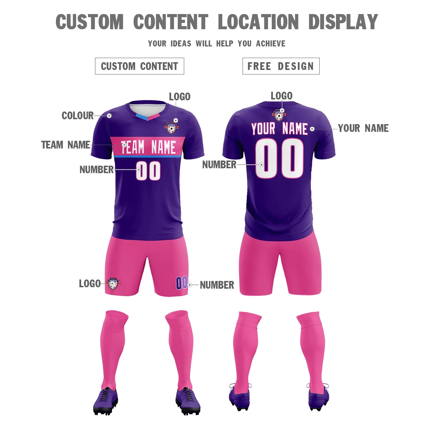 Custom Purple Pink Casual Printing Sportswear Soccer Sets Jersey