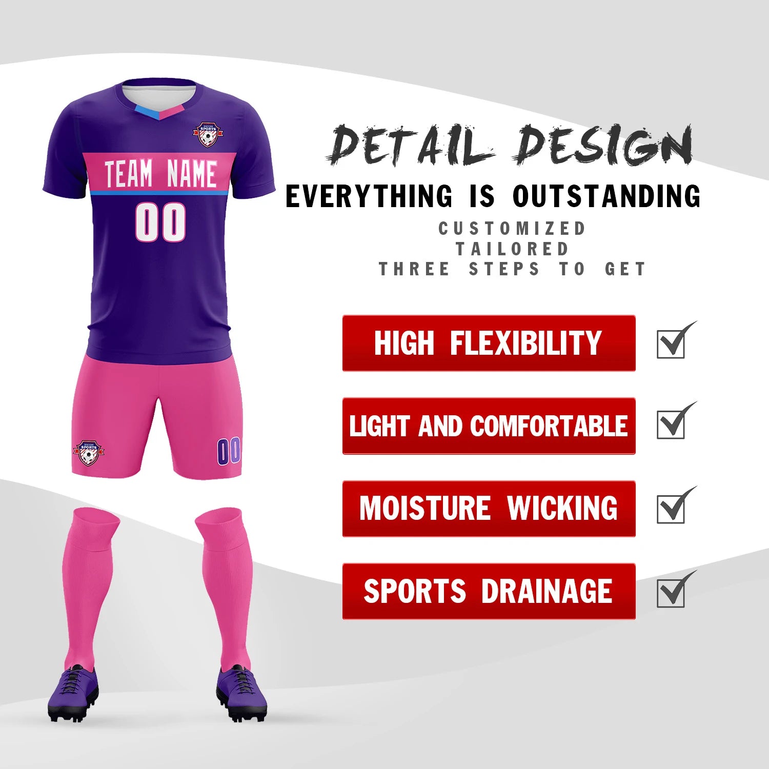 Custom Purple Pink Casual Printing Sportswear Soccer Sets Jersey