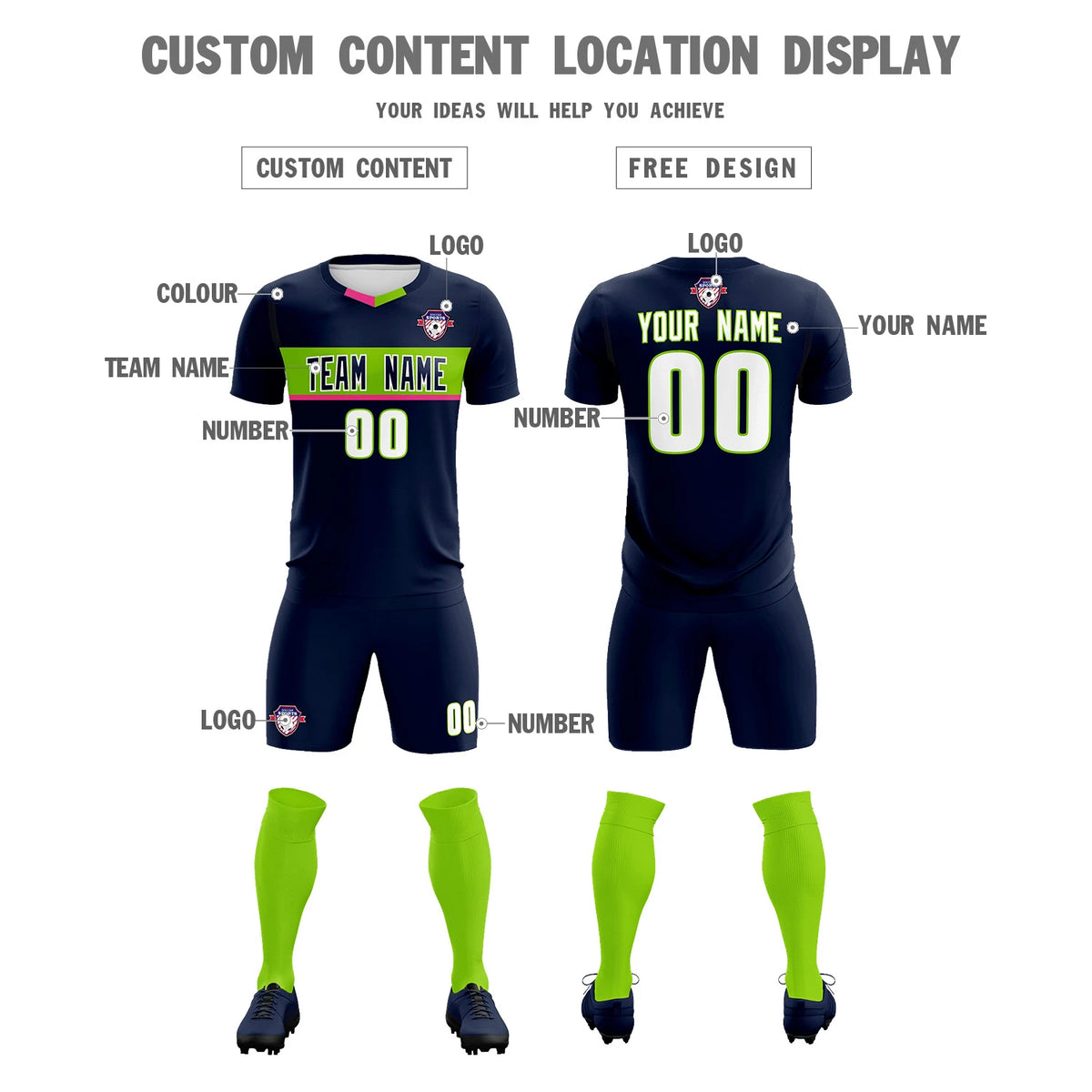 Custom Navy Neon Green Casual Printing Sportswear Soccer Sets Jersey