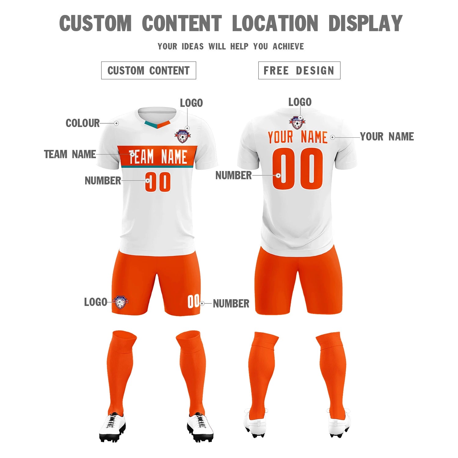 Custom White Orange Casual Printing Sportswear Soccer Sets Jersey