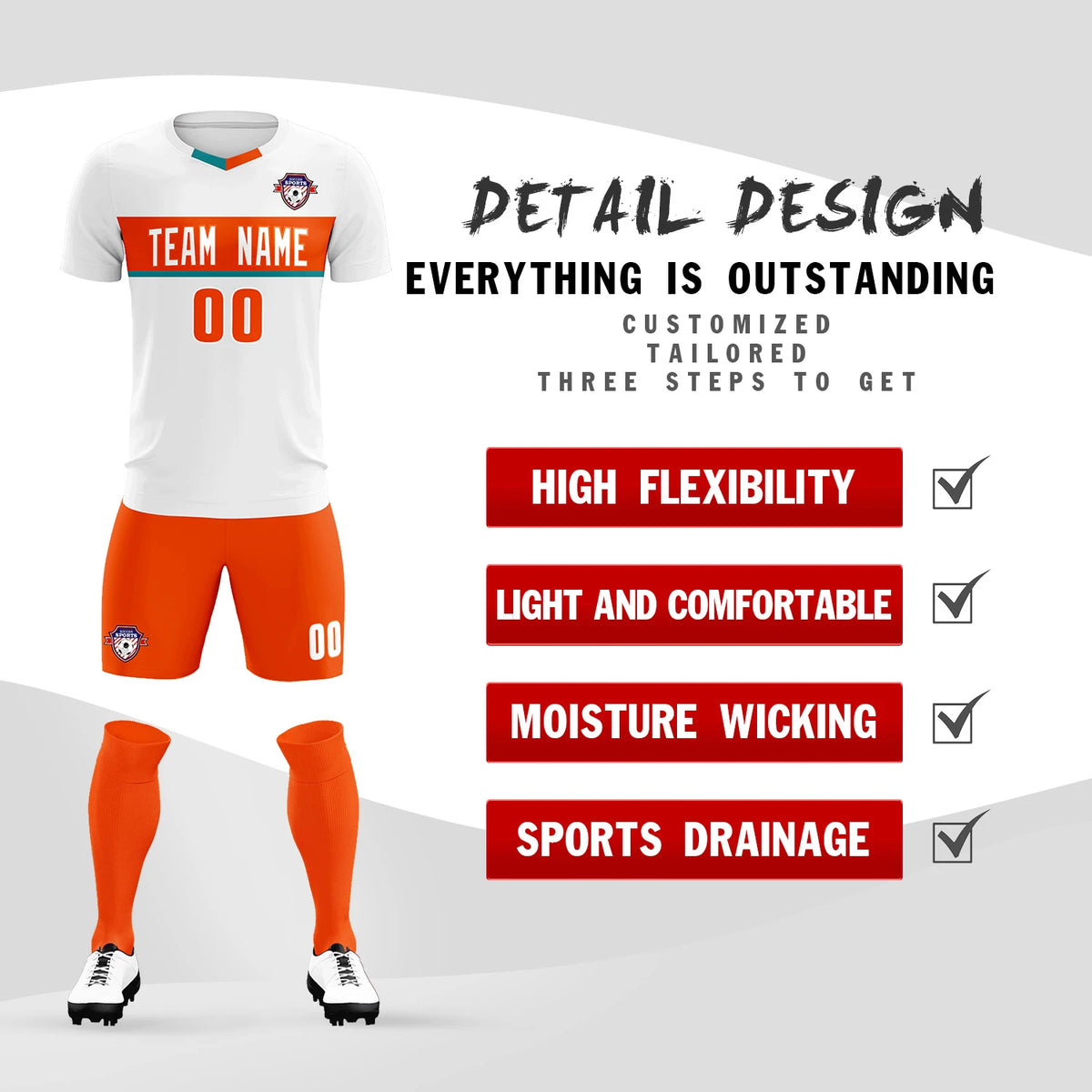 Custom White Orange Casual Printing Sportswear Soccer Sets Jersey