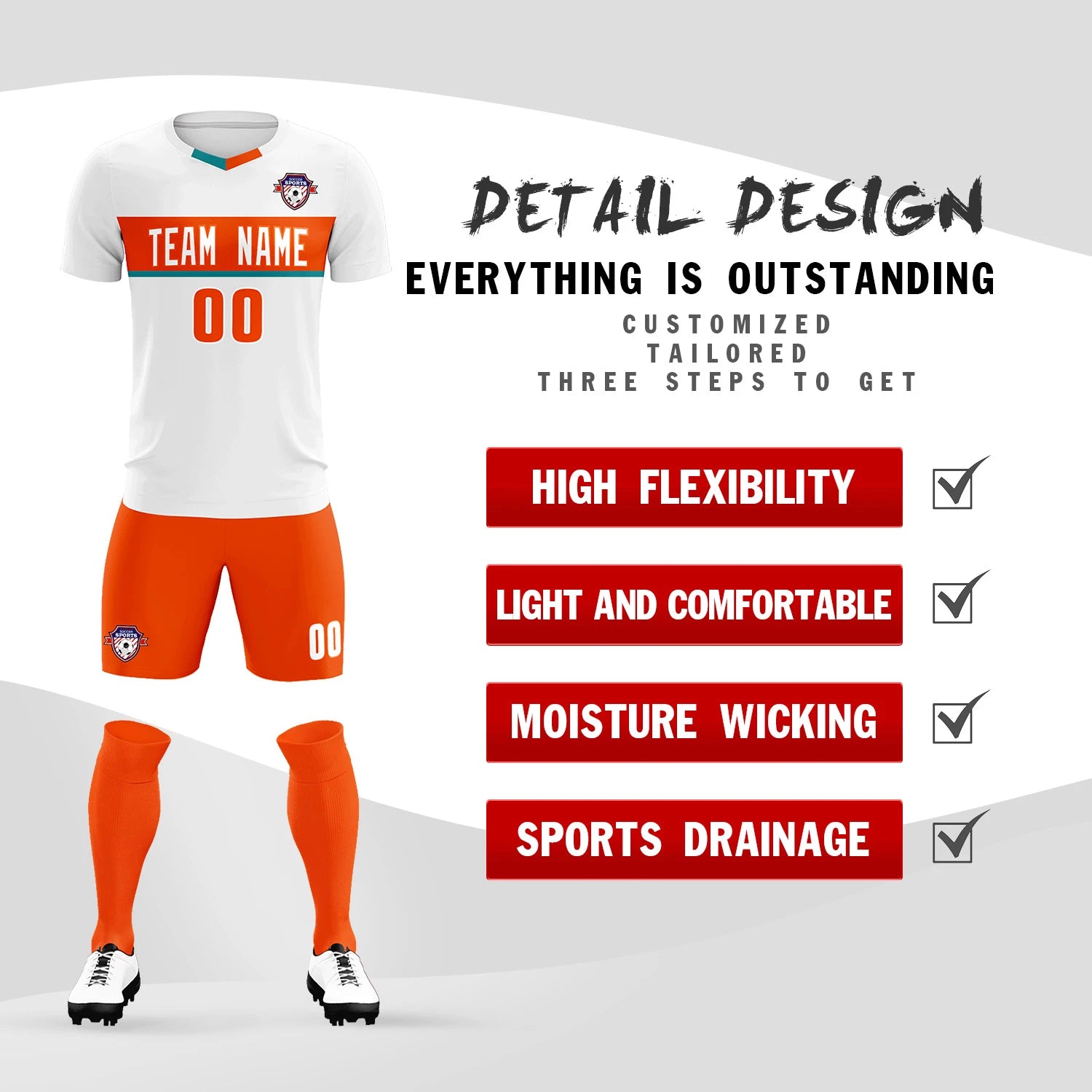 Custom White Orange Casual Printing Sportswear Soccer Sets Jersey