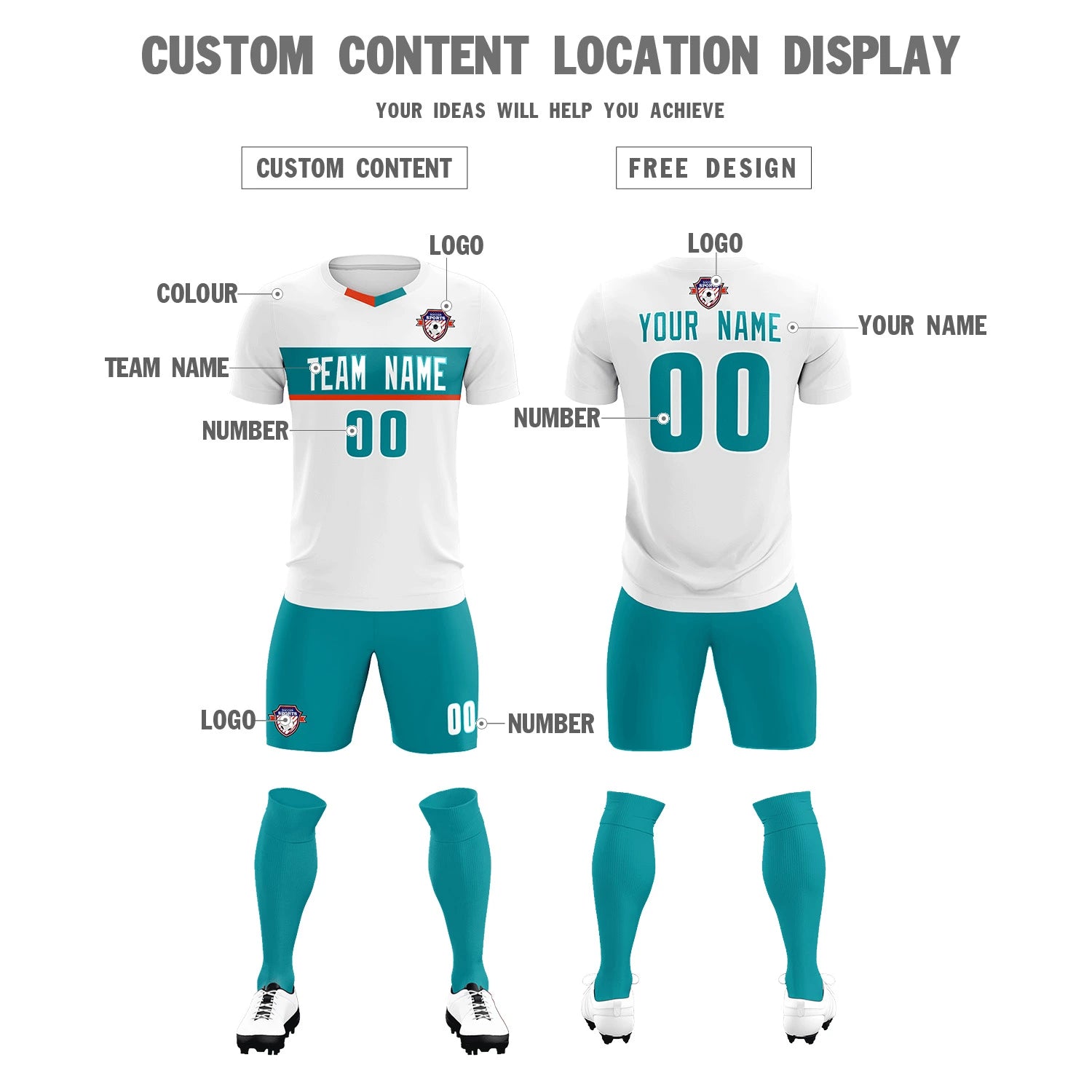 Custom White Aqua Casual Printing Sportswear Soccer Sets Jersey