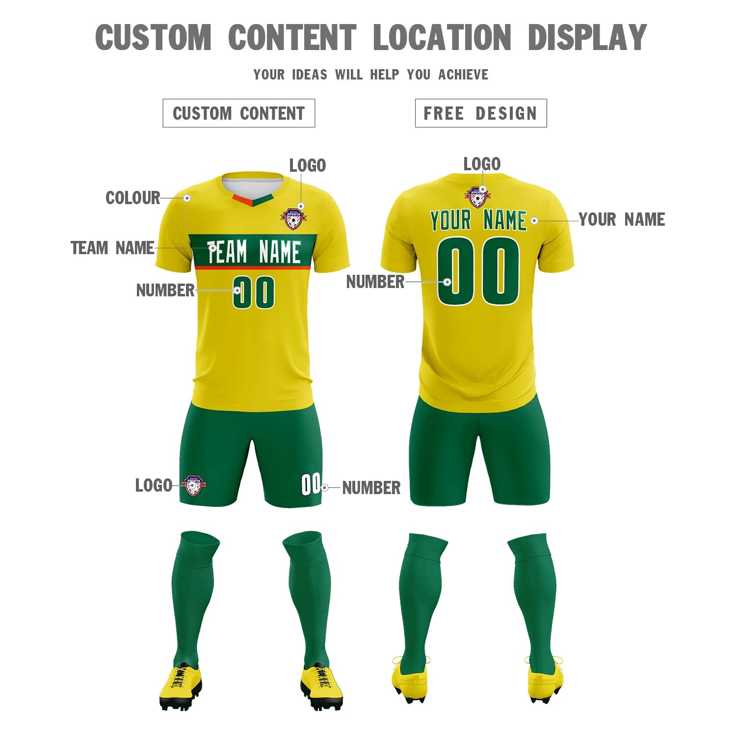 Custom Gold01 Kelly Green Casual Printing Sportswear Soccer Sets Jersey