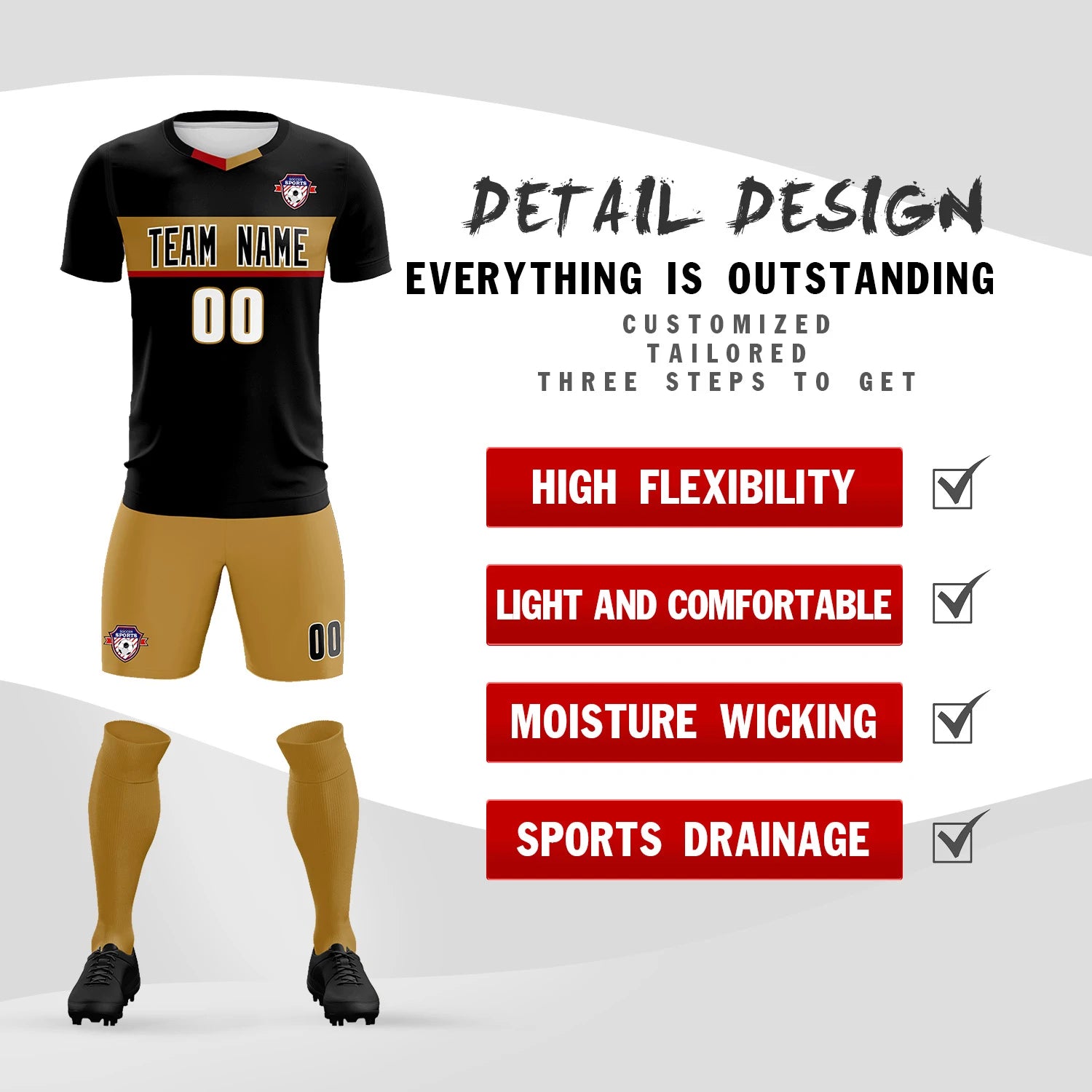 Custom Black Old Gold Casual Printing Sportswear Soccer Sets Jersey