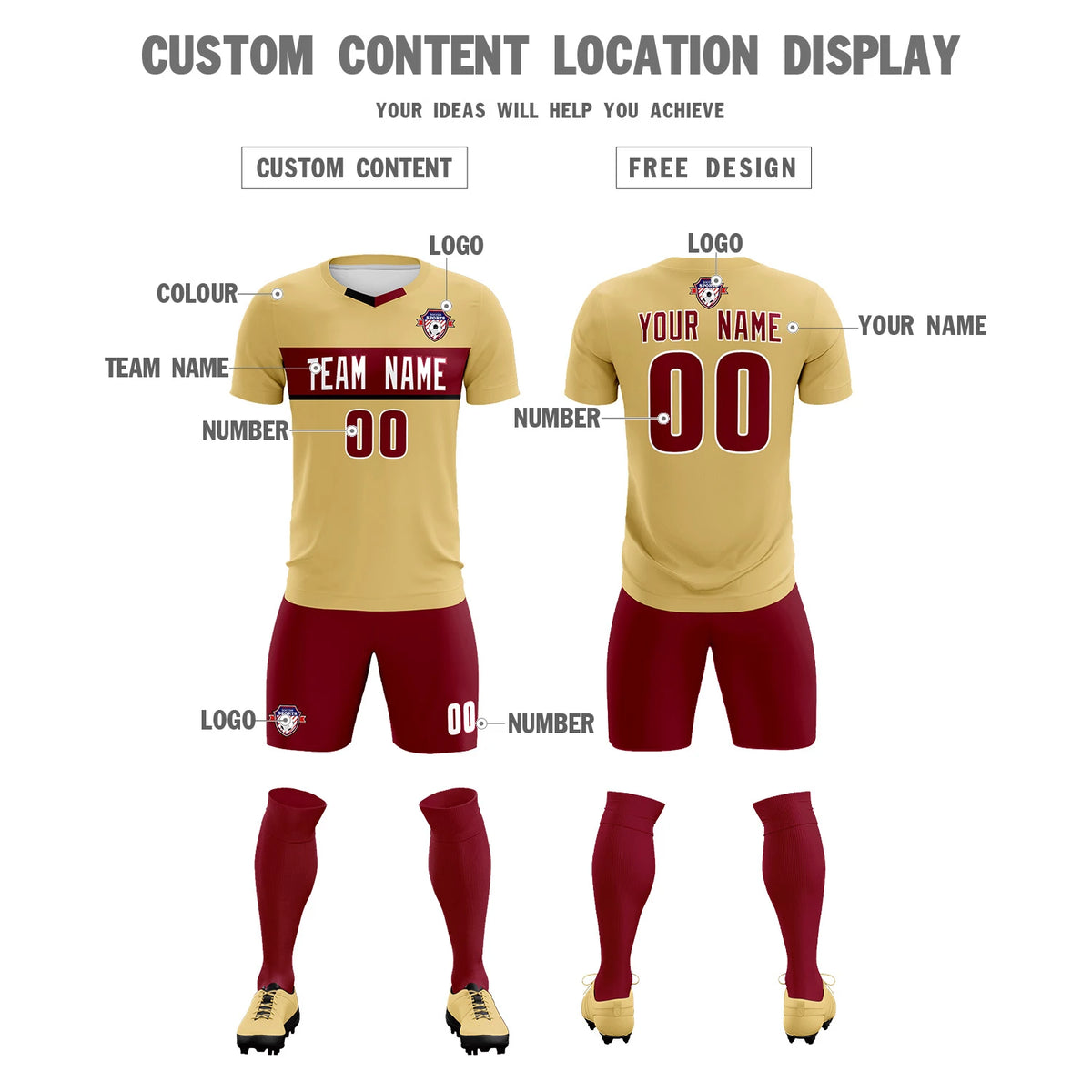 Custom Khaki Crimson Casual Printing Sportswear Soccer Sets Jersey