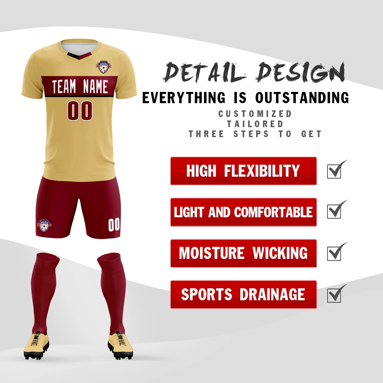 Custom Khaki Crimson Casual Printing Sportswear Soccer Sets Jersey