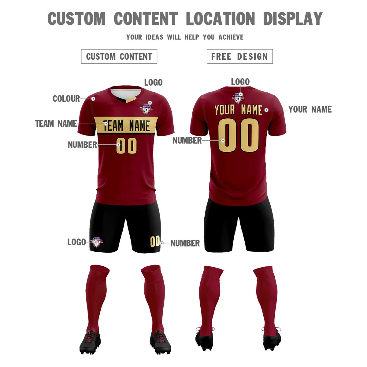 Custom Crimson Khaki Casual Printing Sportswear Soccer Sets Jersey