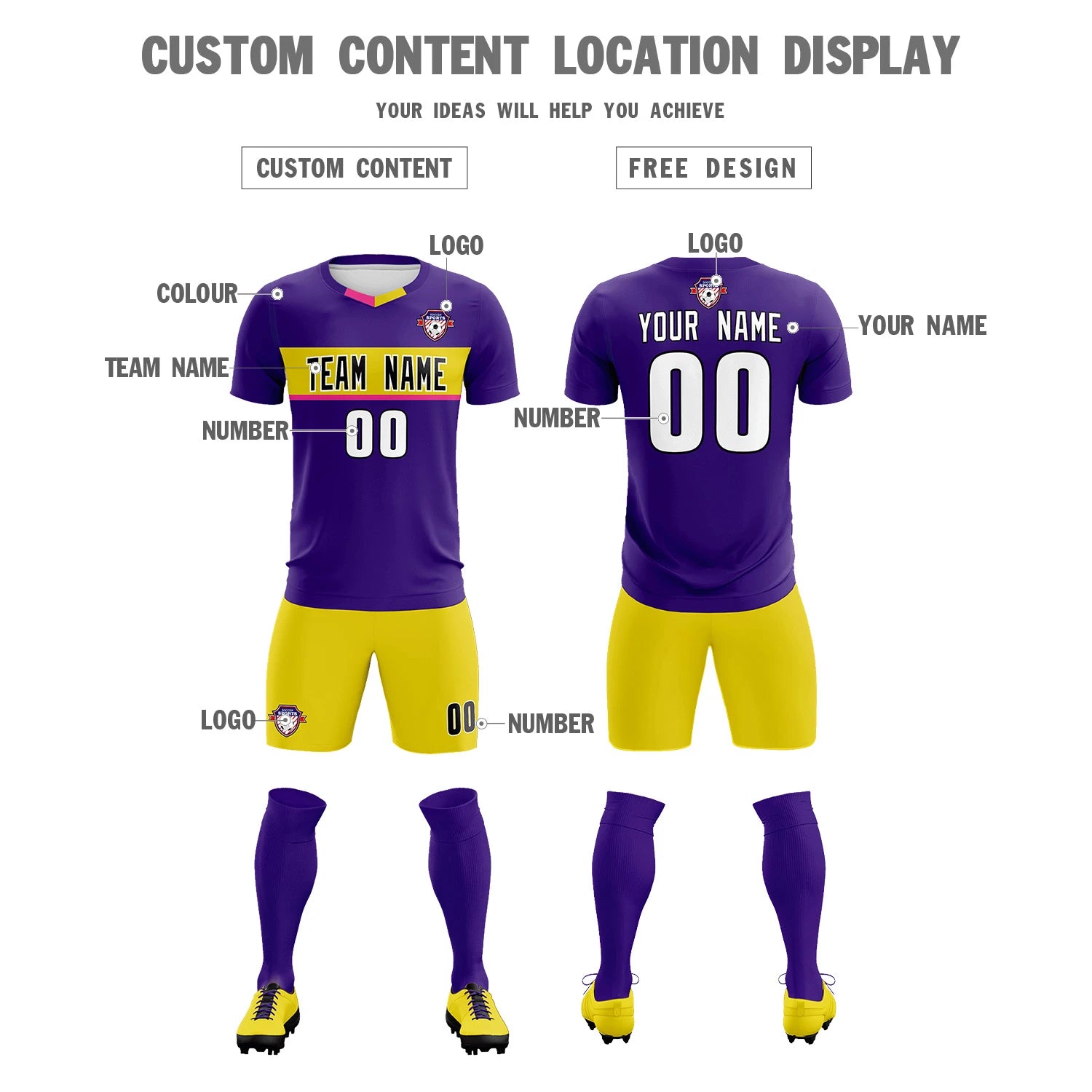 Custom Purple Gold01 Casual Printing Sportswear Soccer Sets Jersey