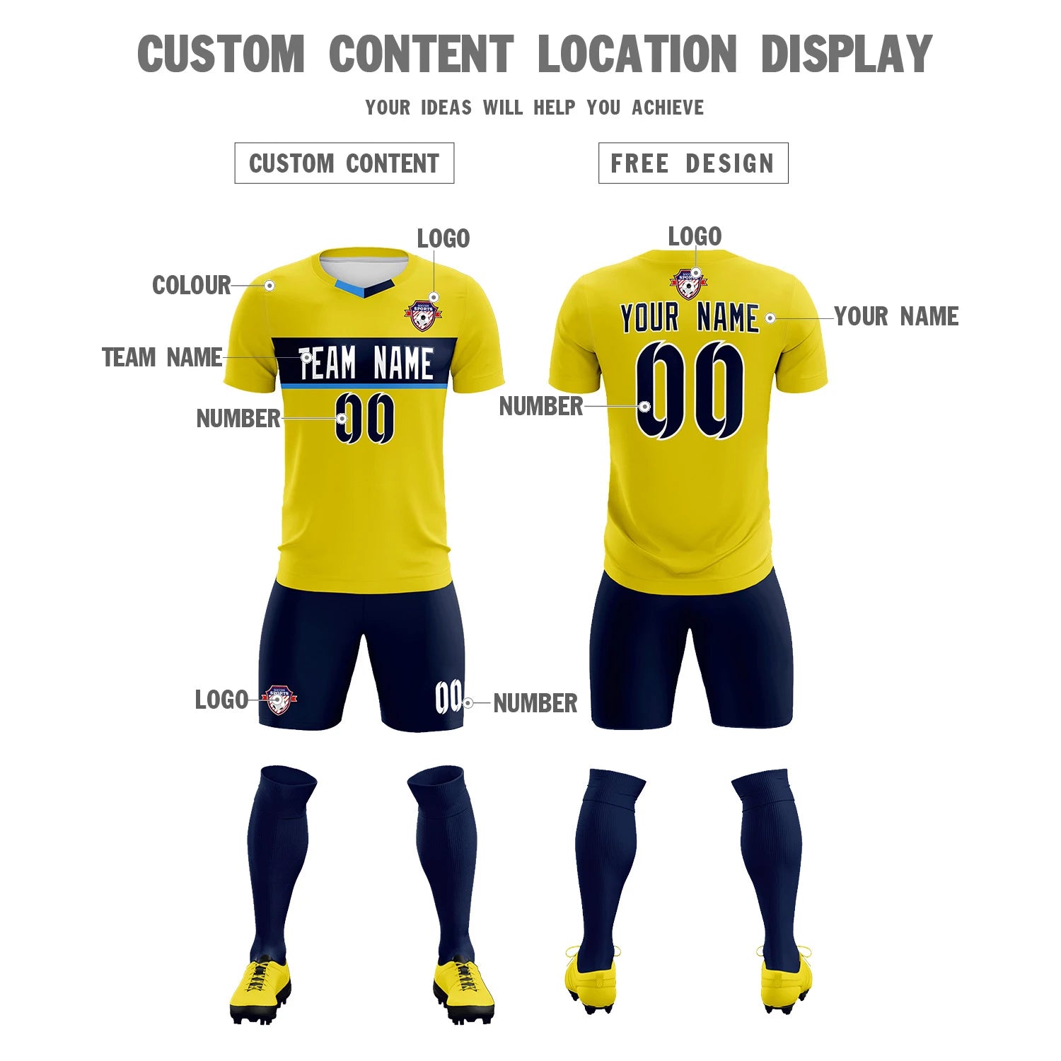 Custom Gold01 Navy Casual Printing Sportswear Soccer Sets Jersey