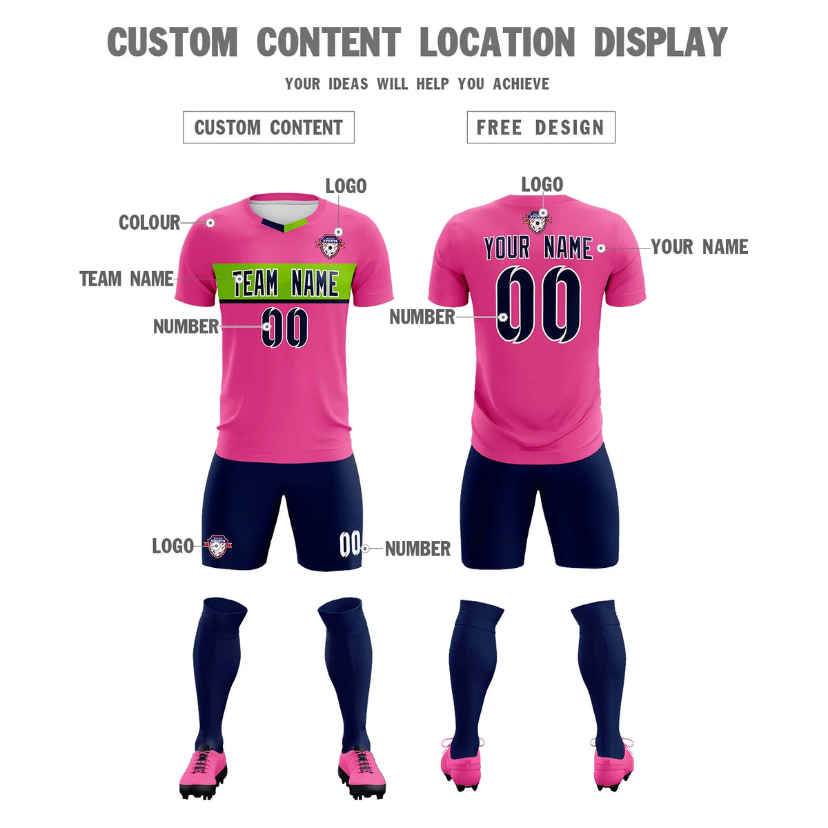 Custom Pink Navy Casual Printing Sportswear Soccer Sets Jersey