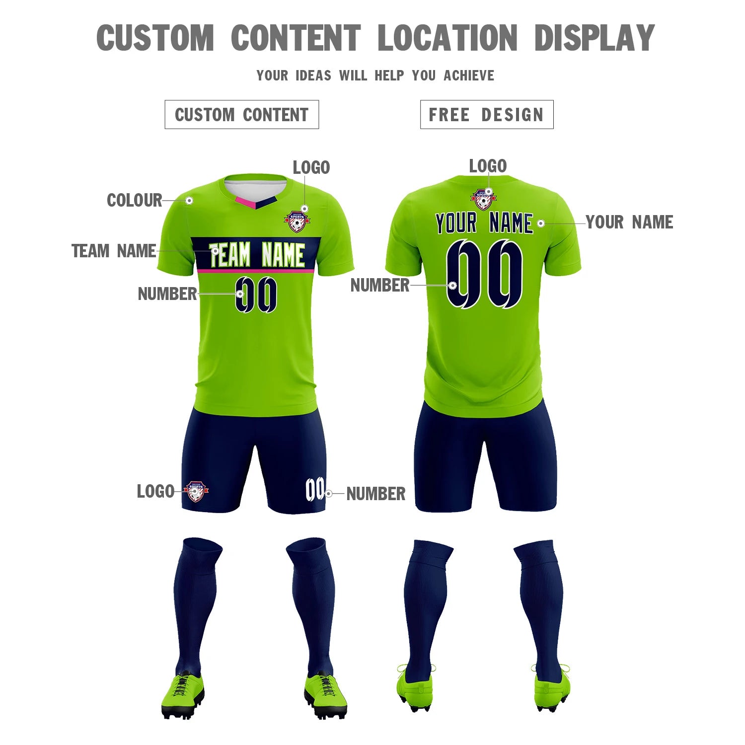 Custom Neon Green Pink Casual Printing Sportswear Soccer Sets Jersey