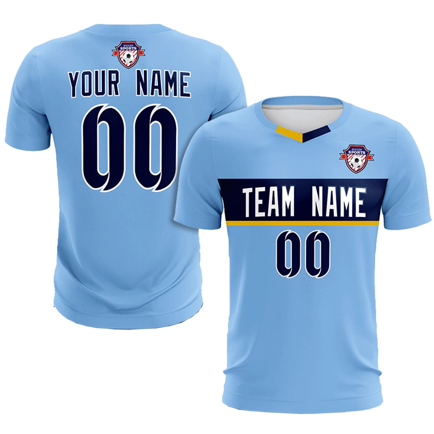 Custom Light Blue Gold01 Casual Printing Sportswear Soccer Sets Jersey