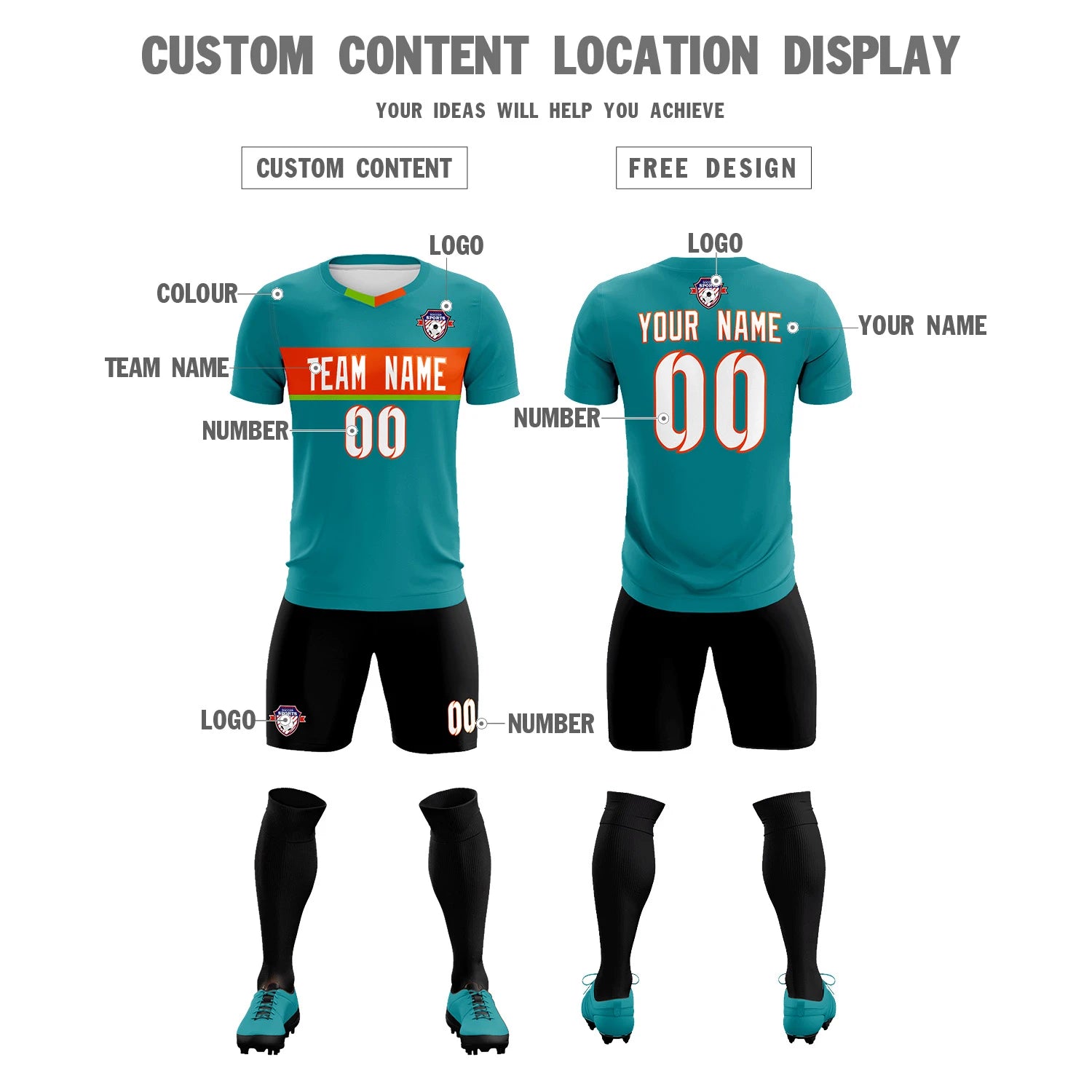 Custom Aqua Orange Casual Printing Sportswear Soccer Sets Jersey