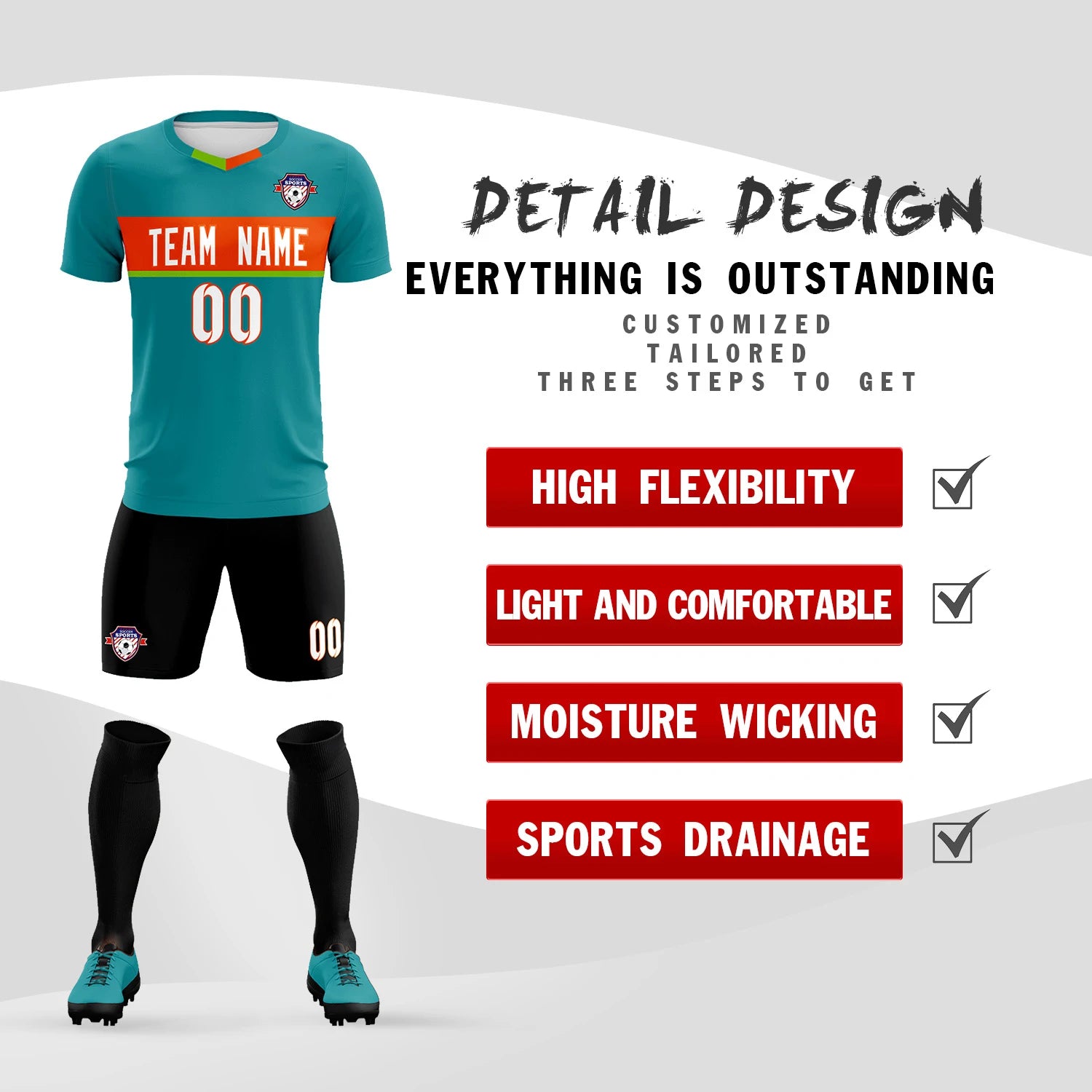 Custom Aqua Orange Casual Printing Sportswear Soccer Sets Jersey