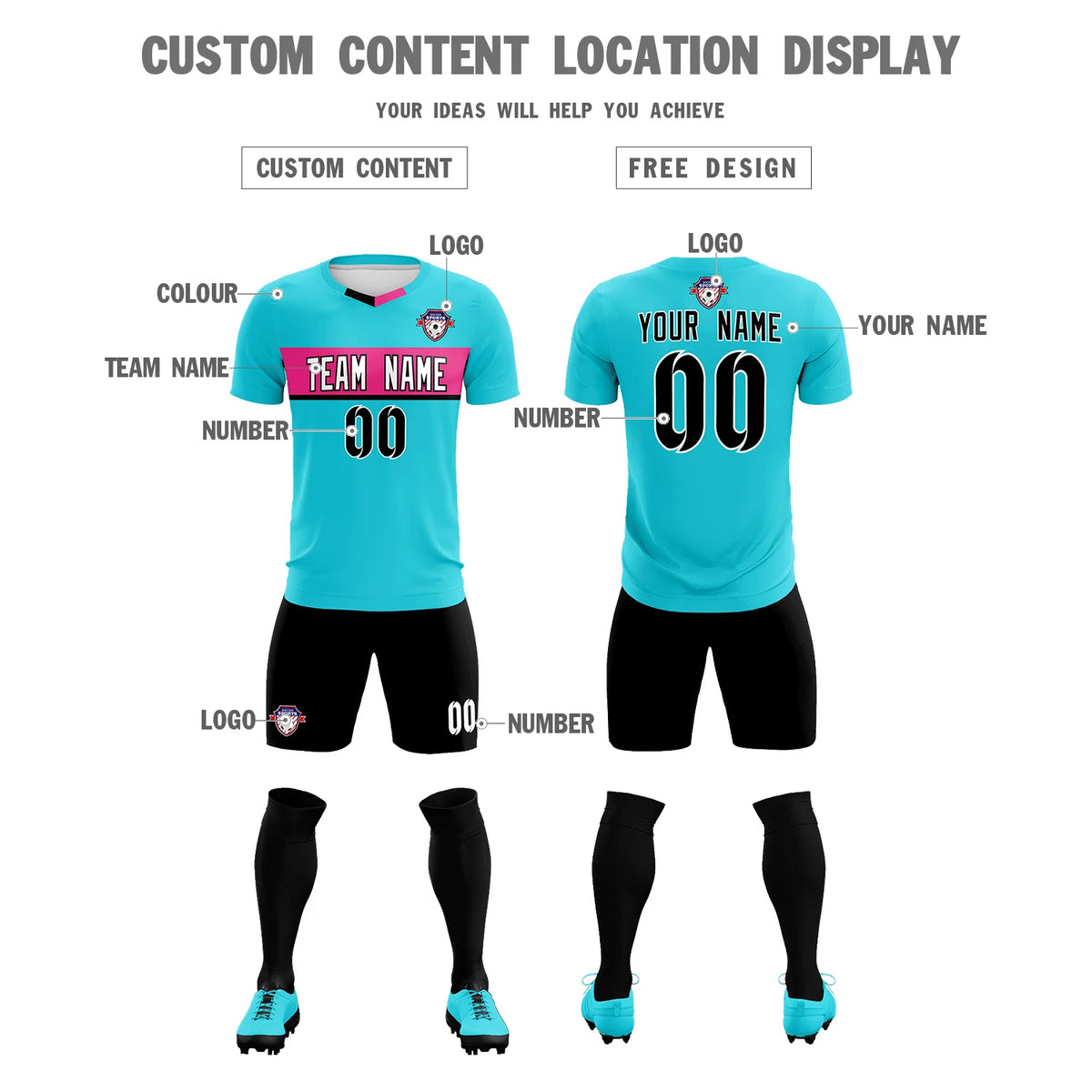 Custom Sky Blue Pink Casual Printing Sportswear Soccer Sets Jersey