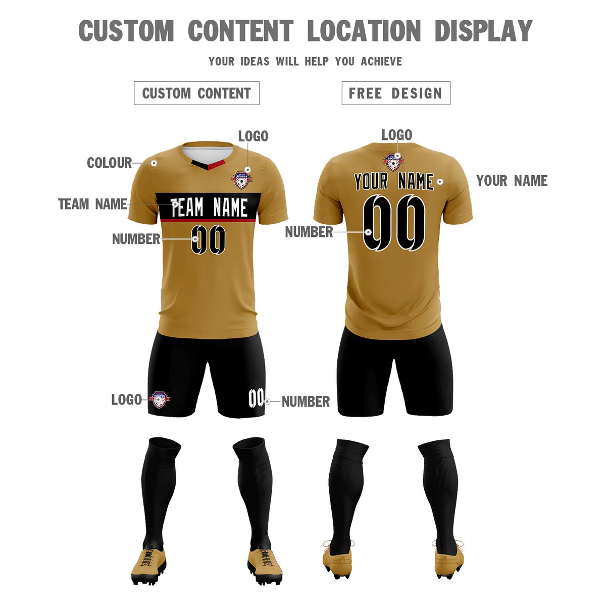 Custom Old Gold Black Casual Printing Sportswear Soccer Sets Jersey